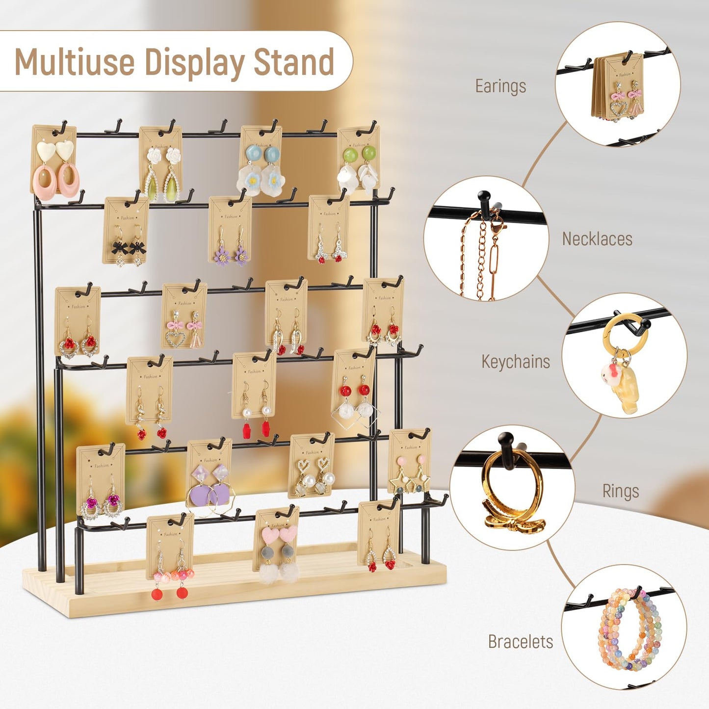 RNTBWD Earring Display for Vendors 6 Tier 42 Hooks Wood Earring Display Rack Holder for Earings Necklaces Rings Bracelets Keychains