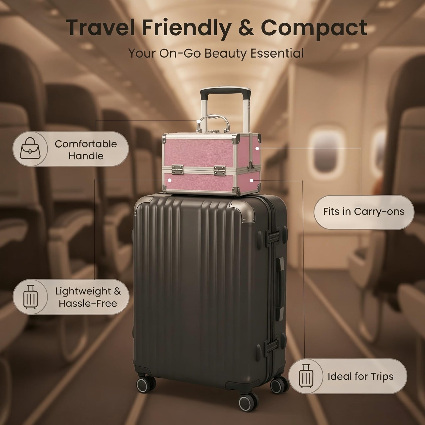 Makeup Train Case with Mirror: 2-Tier Cantilever Lockable Cosmetic Organizer, Hard Shell Aluminum Frame, Large Capacity for Brushes & Foundation, Portable Travel Gift for Beauty Lovers