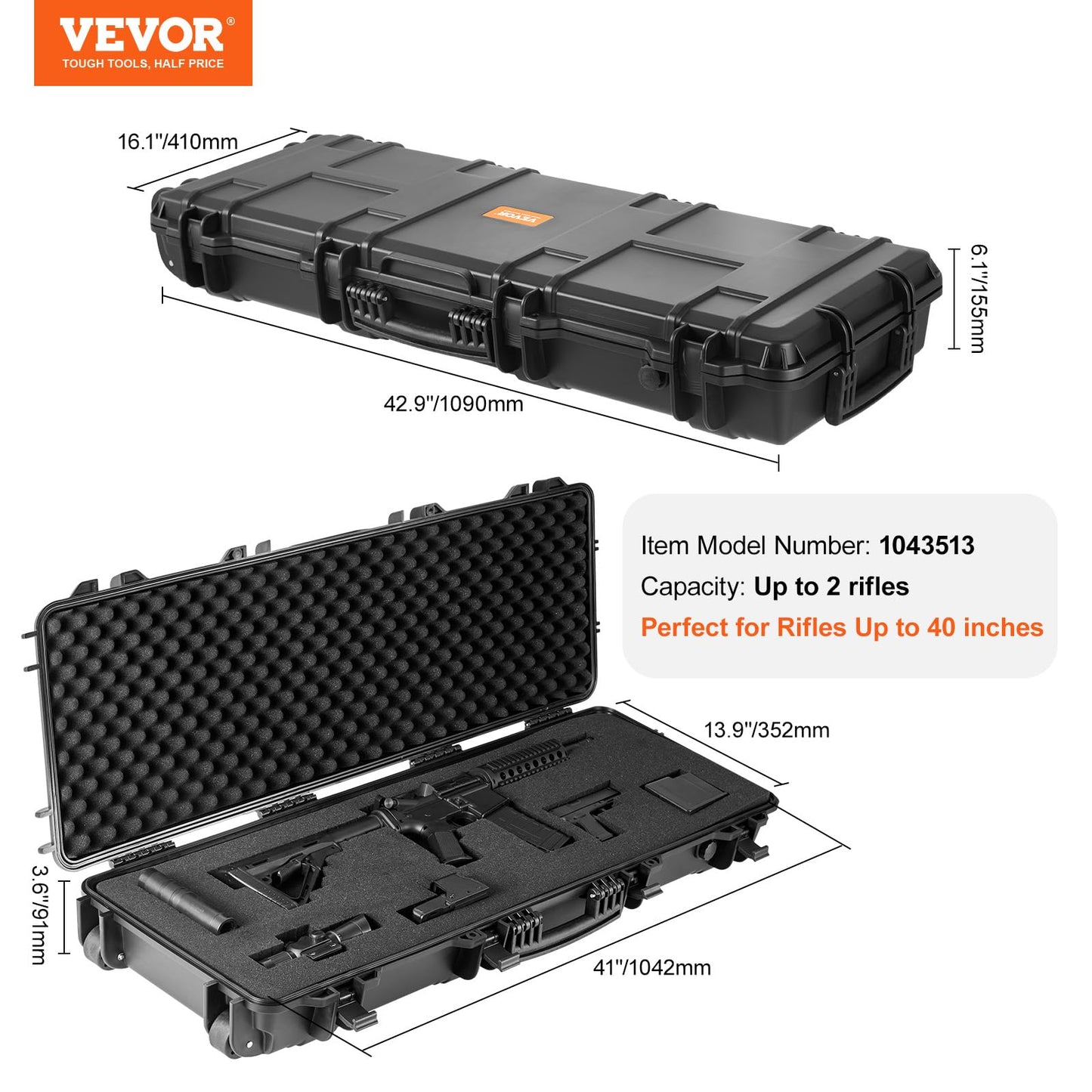 VEVOR Rifle Case, Hard Rifle Case with 4 Layers Fully-protective Foams, 42 inch Lockable Long Storage Case with Wheels, IP67 Waterproof & Dustproof, Black