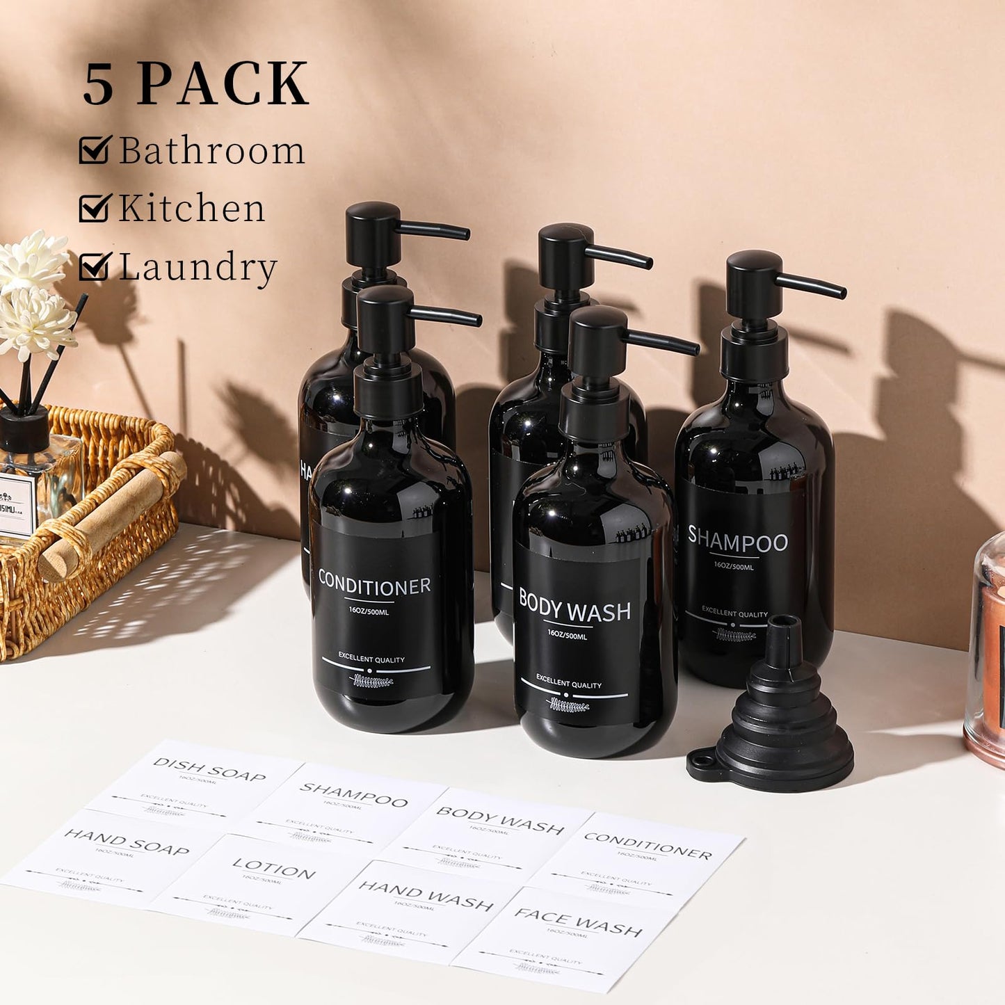 Shampoo and Conditioner Dispenser(5Pack) 16.9oz Refillable Shampoo and Conditioner Bottles,Dispenser for Shower (Black)