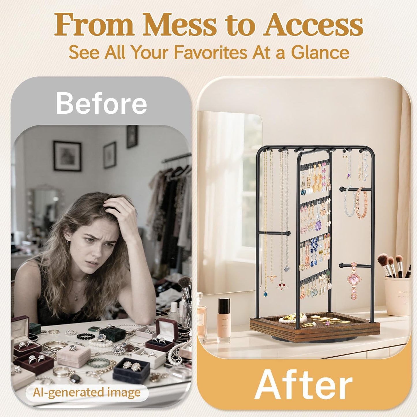 MODOWEY Earring Necklace Holder Organizer Jewelry Stand, Wood Rotating Display Tree for Vendor Selling, Tiered Tower Rack for Pierced Stud Bracelet 90+ Pieces Storage, Easy Access for Women, Black