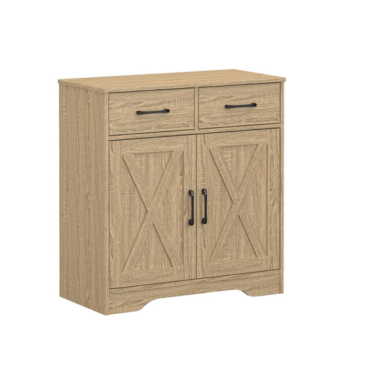 Panana Sideboard 2 Drawers 2 Doors Entryway Storage Cabinet Living Room Organizer Farmhouse Style Wooden Kitchen Cupboard (Nature)