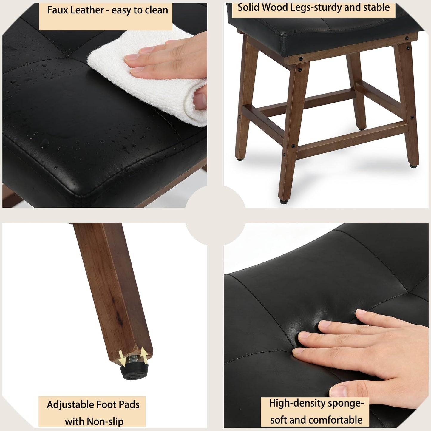 FLYZC Saddle Seat Vanity Stool with Wood Legs, Makeup Stool Chairs, U-Shaped Ottoman Foot Rest Stools, Modern Makeup Bench, Small PU Leather Square Chair Under Desk for Vanity, Living Room Black