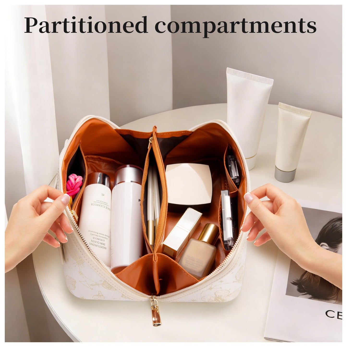 Abiudeng Travel Makeup Bag Large Capacity Toiletry Bag for Travel Essentials Open Flat Makeup bag Organizer with Divider and Handle