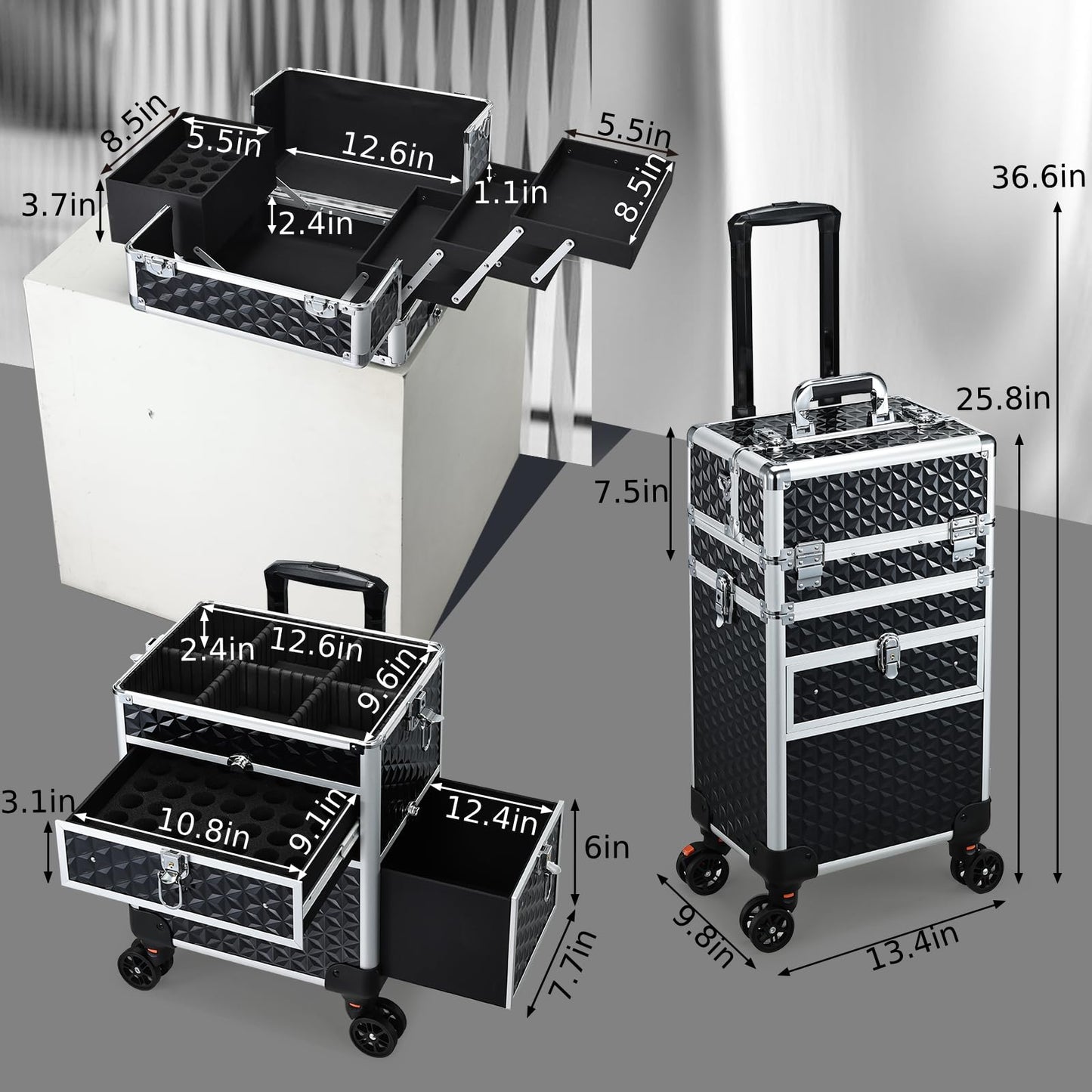 Joligrace Rolling Makeup Case with Drawers - Tattoo Storage Organizer Travel Cart for Nail Tech, Cosmetology, Barber Tools - Portable Suitcase on Wheels