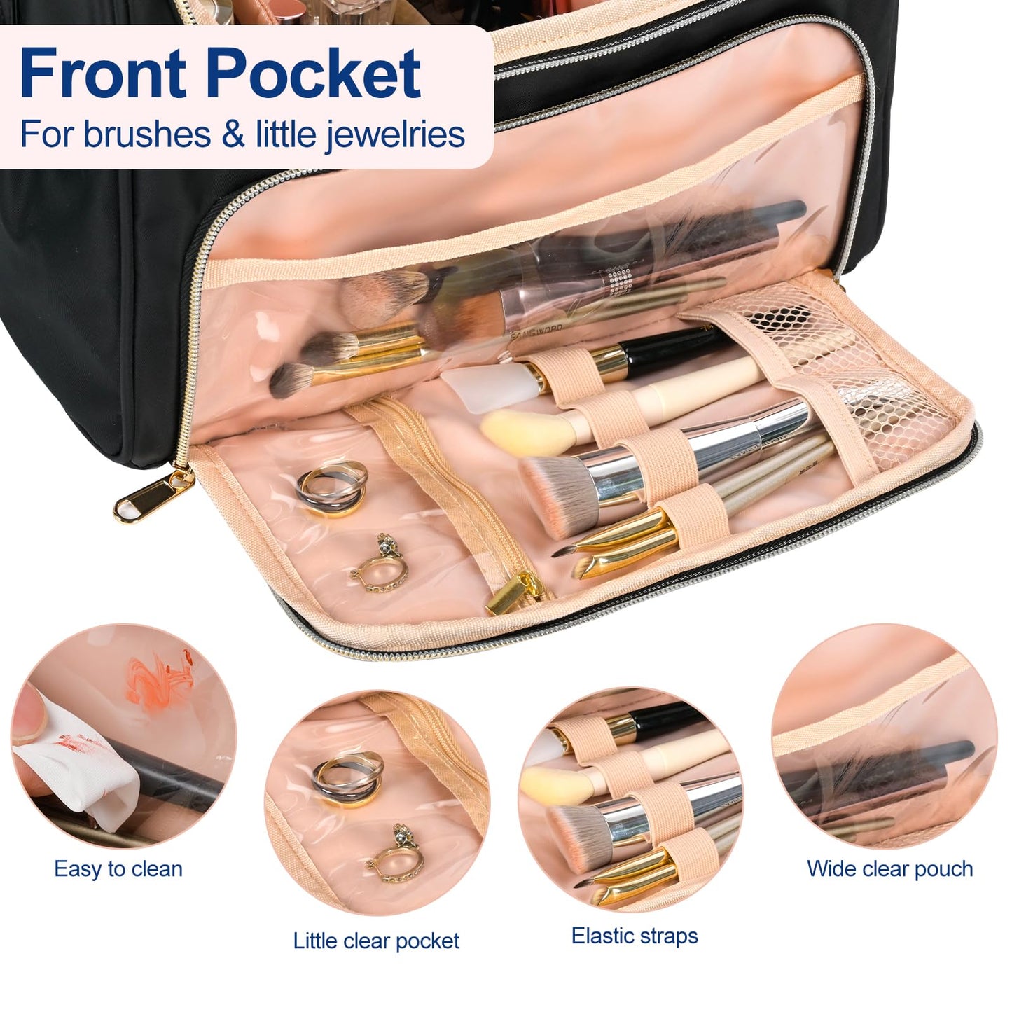 GR69N Travel Toiletry Bag Large Cosmetic Makeup Bag Organizer for Women,Wide-open Make Up Bag Waterproof Makeup Case Travel Bag with Handle and Dividers for Toiletries,Essentials,Accessories,Black