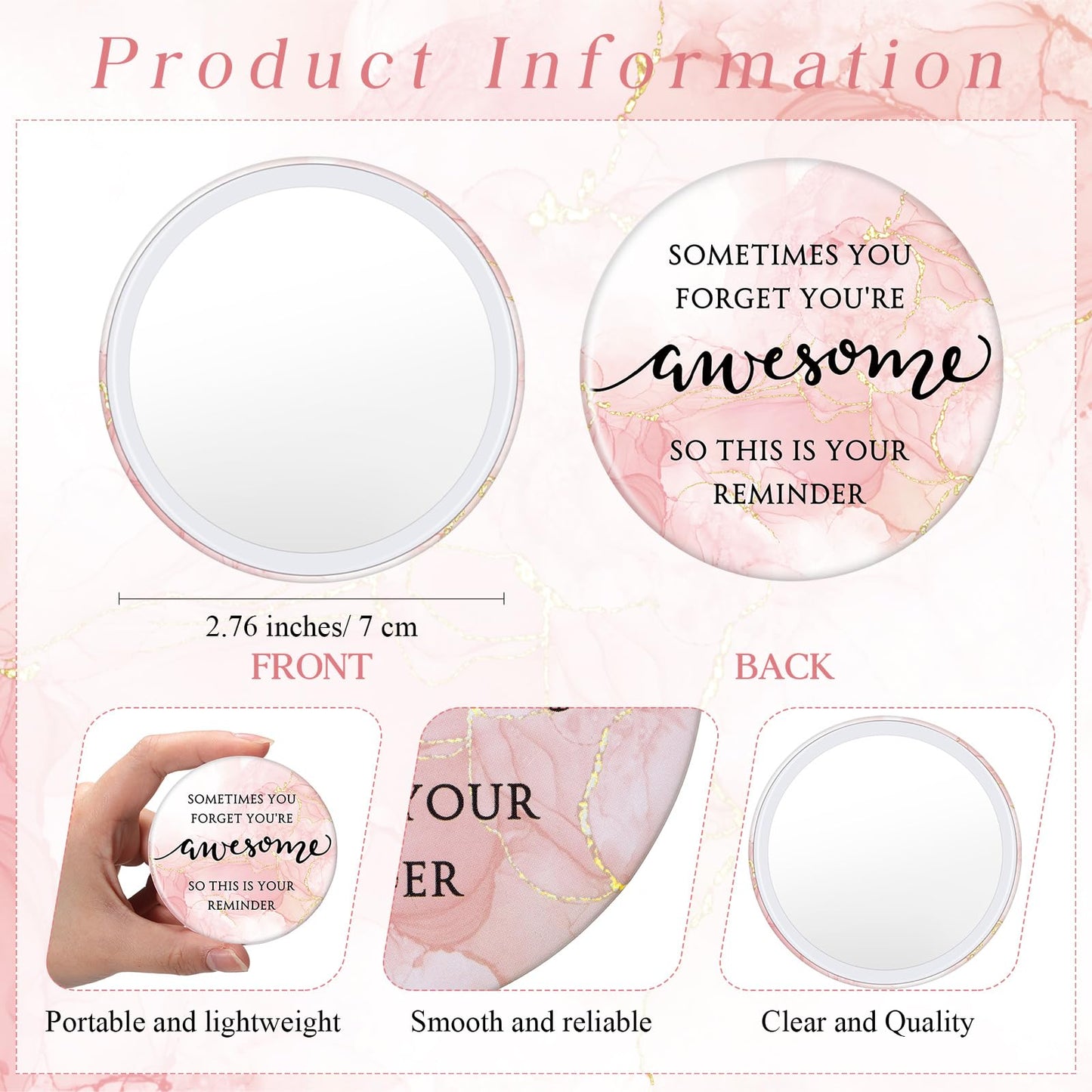 Cinnvoice 25 Set Inspirational Compact Mirror Bulk Gift for Women Mini Makeup Pocket Mirror with Motivational Card for Graduation Teacher Nurse Mental Health Month Employee Coworker (Pink)