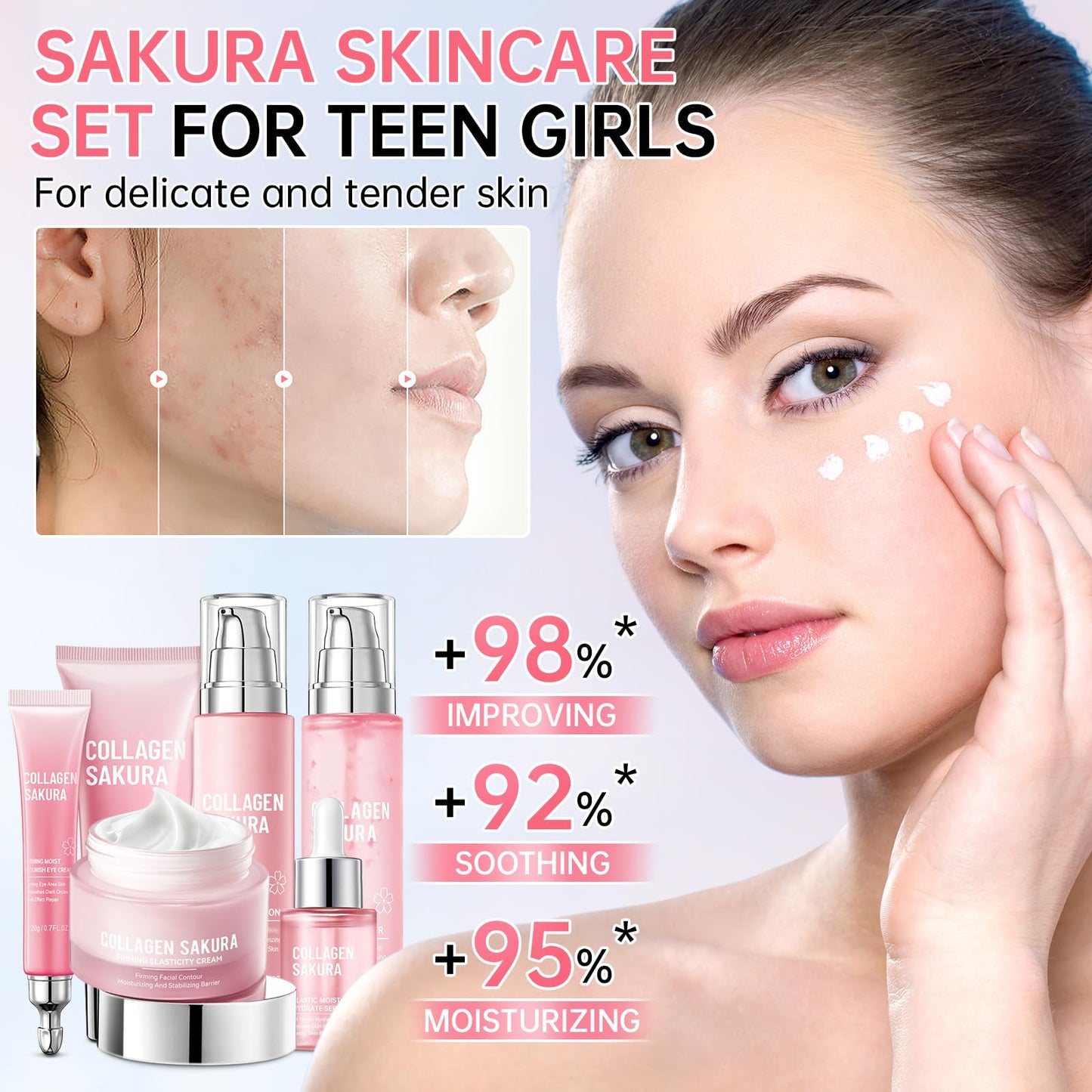 Sakura Skin Care Set, Cherry Blossom Skincare Set for Teen Girls, Hydrate & Repair Skin, 6 Pcs Individually Packaged Collagen Skin Care Kits with Cleanser, Toner, Lotion, Serum, Cream & Eye Cream