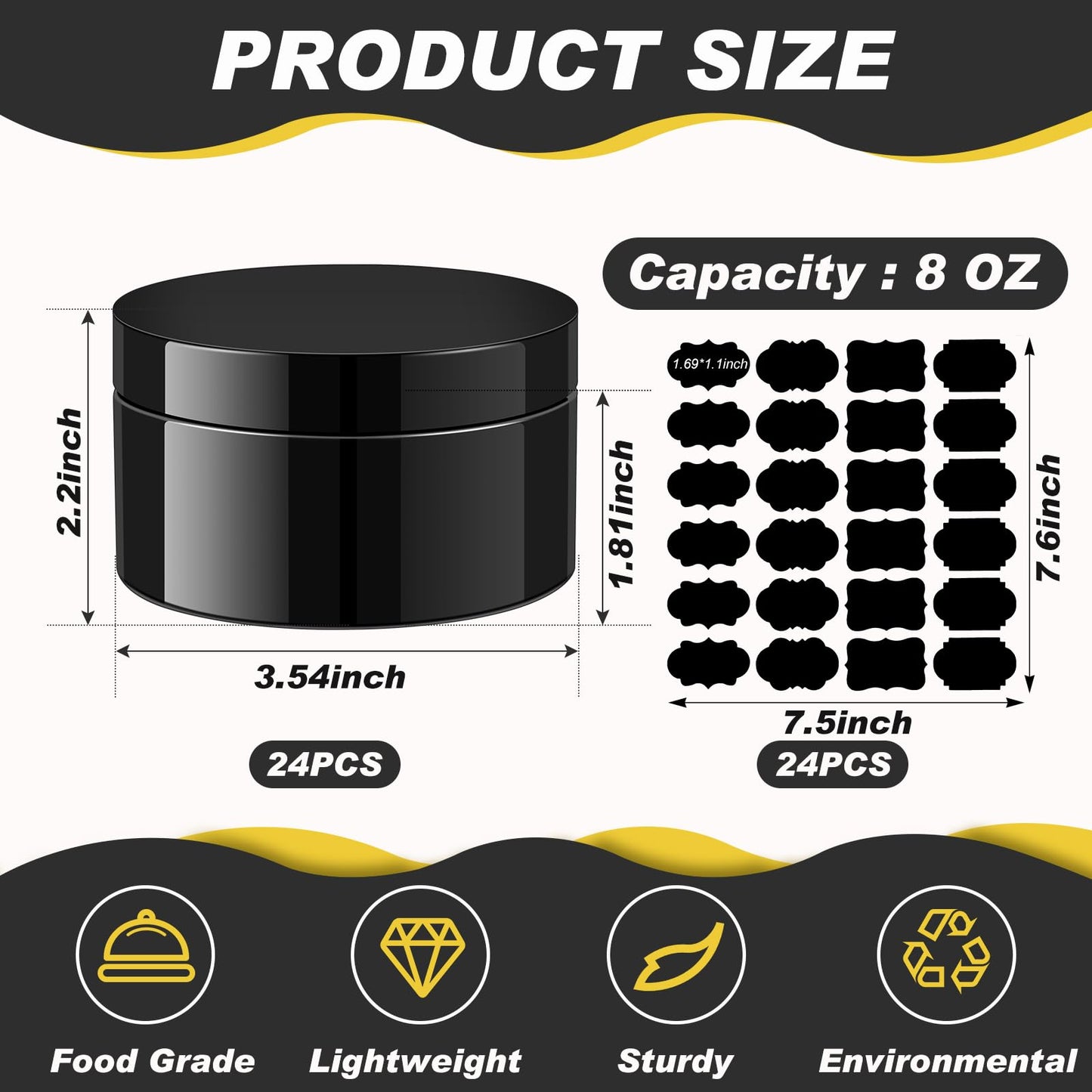 Dandat 24 Pcs 8 oz Plastic Jar Container with Lid and Label Refillable Empty Round Black PET Cosmetic Sample Slime Containers for Lotion, Cream, Ointments, Body Butter, Makeup, Travel Storage