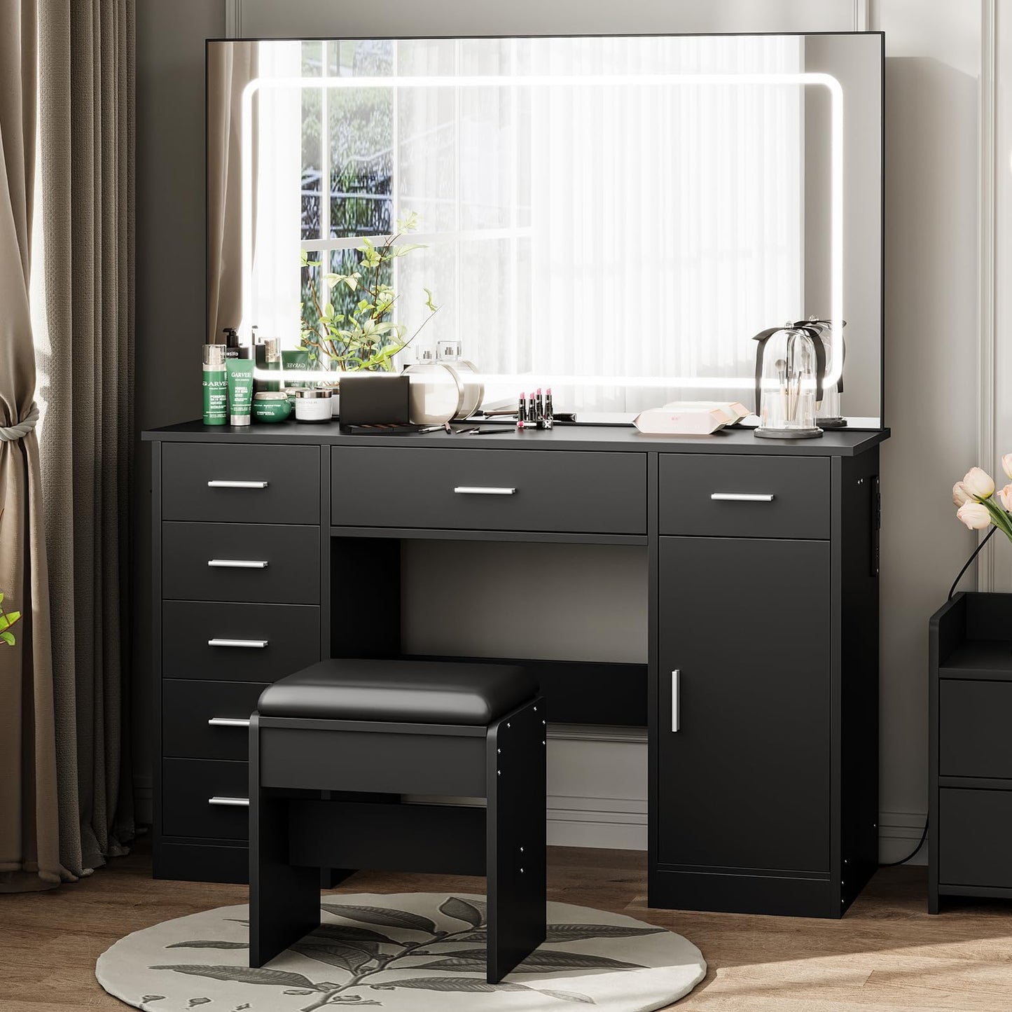 IDEALHOUSE Modern Vanity Desk with Large LED Mirror – 7 Drawers, Charging Station, Hair Dryer Holder, Adjustable Lighting – Makeup Dressing Table for Bedroom – Black