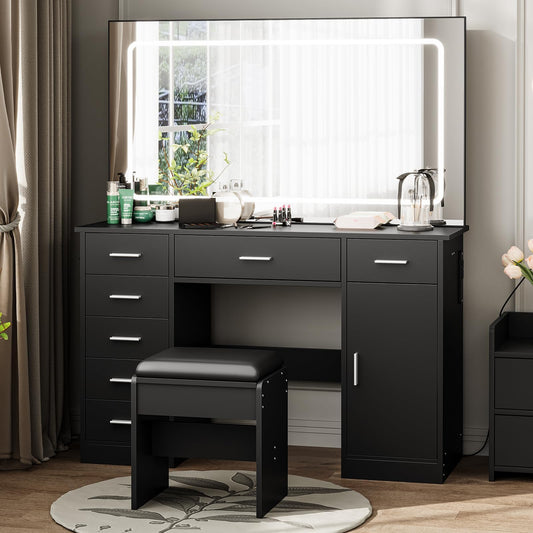 IDEALHOUSE Modern Vanity Desk with Large LED Mirror – 7 Drawers, Charging Station, Hair Dryer Holder, Adjustable Lighting – Makeup Dressing Table for Bedroom – Black