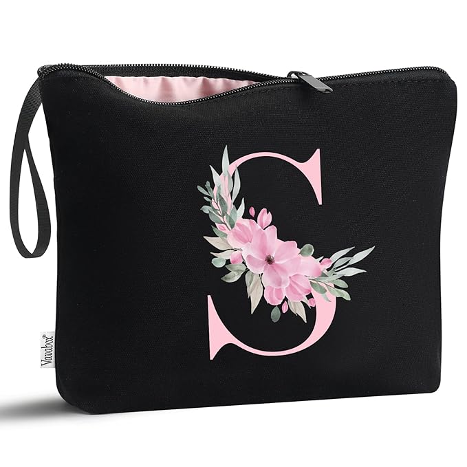 Vavabox A-Z Personalized Makeup Bag, Birthday Gifts for Women Mom, Gifts for Best Friend, Bride Bridesmaid Cosmetic bag (S, Black)