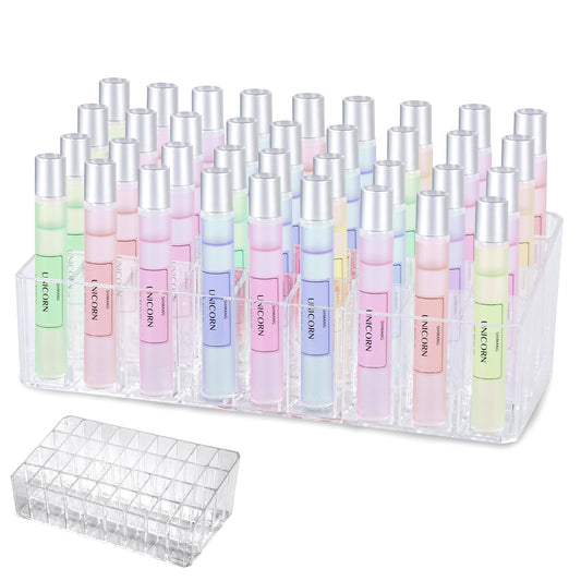 IPENP Rollerball Perfume Organizer, Beauty Scent Holder, 36 Space Clear Acrylic Perfume Organizer Refillable Container Tall Scented Oil Storage Display Case, Makeup Lipgloss Lipstick Display Case