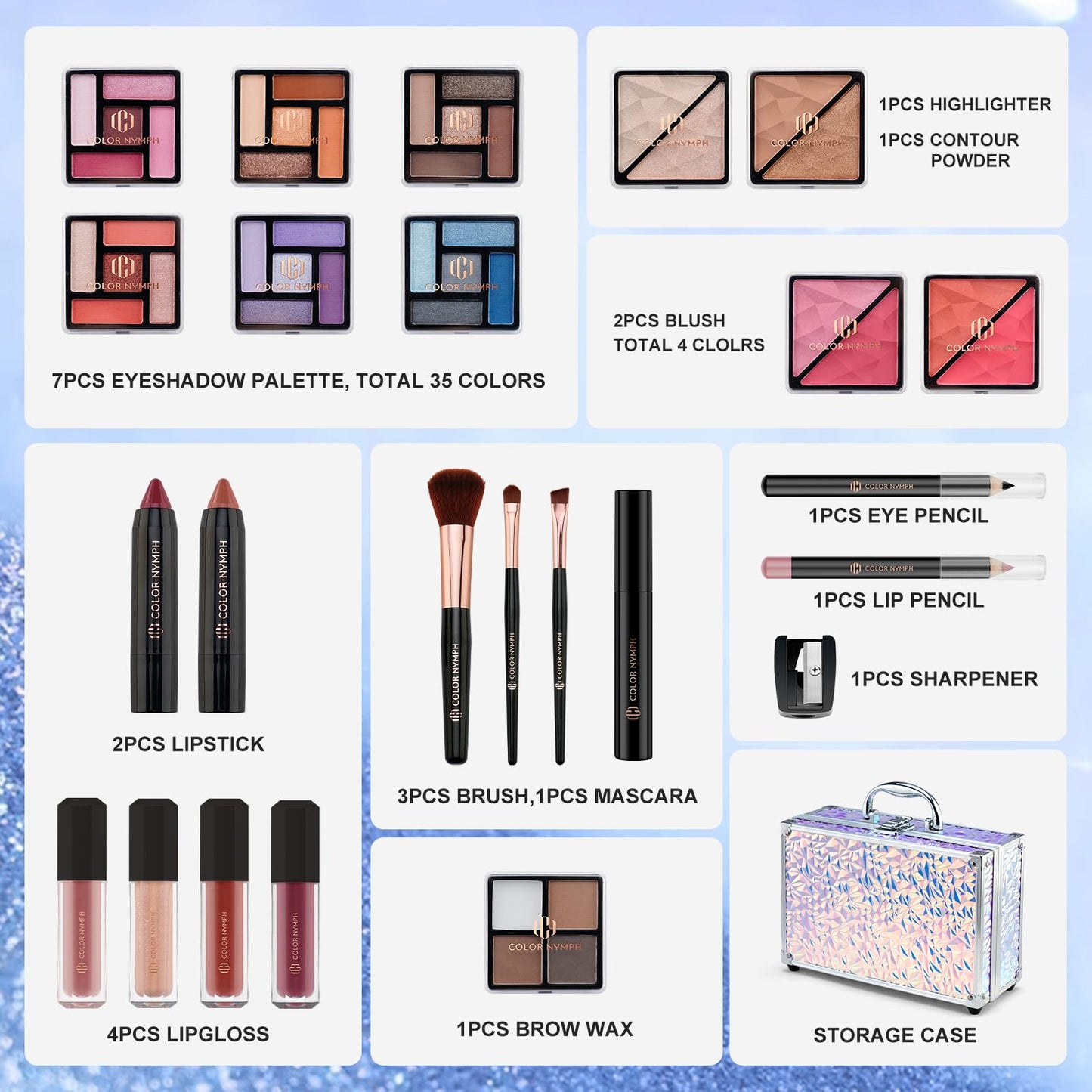 Color Nymph Makeup Kit For Women, Girls Makeup Set For Teens Professional Make Up Kits With Travel Case Full Cosmetics Kit w/ 35 Colors Eyeshadows Lipstick Blush Brushes Lipgloss Mascara