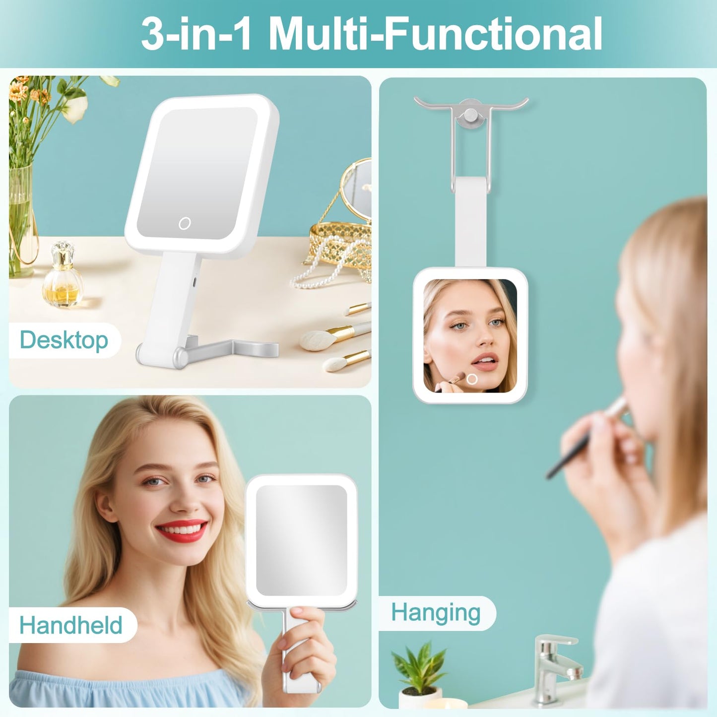 DECLUTTR Travel Makeup Mirror with Lights, Rechargeable 1X/15X Magnifying with Light Double Sided，Portable Handheld Mirror with 3 Color Light Dimmable, Tabletop,Hanging,White