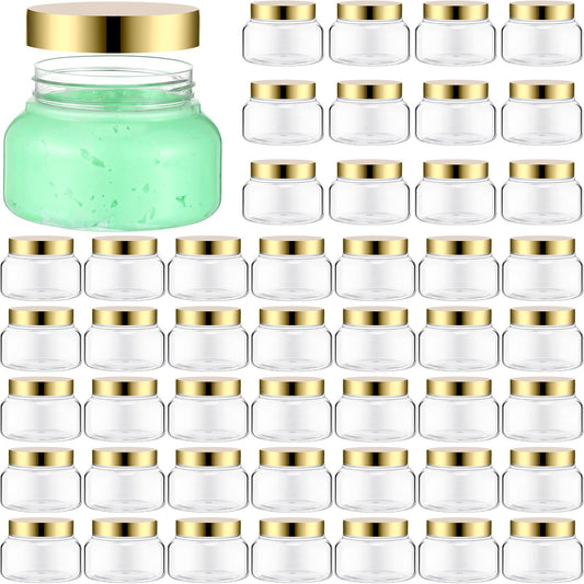 Mumufy 48pcs Plastic Jars with Lids Round Empty Containers Travel Containers for Creams Refillable Cosmetic Jars for Lotions Body Scrub Body Butter (8 oz,Gold,Clear)