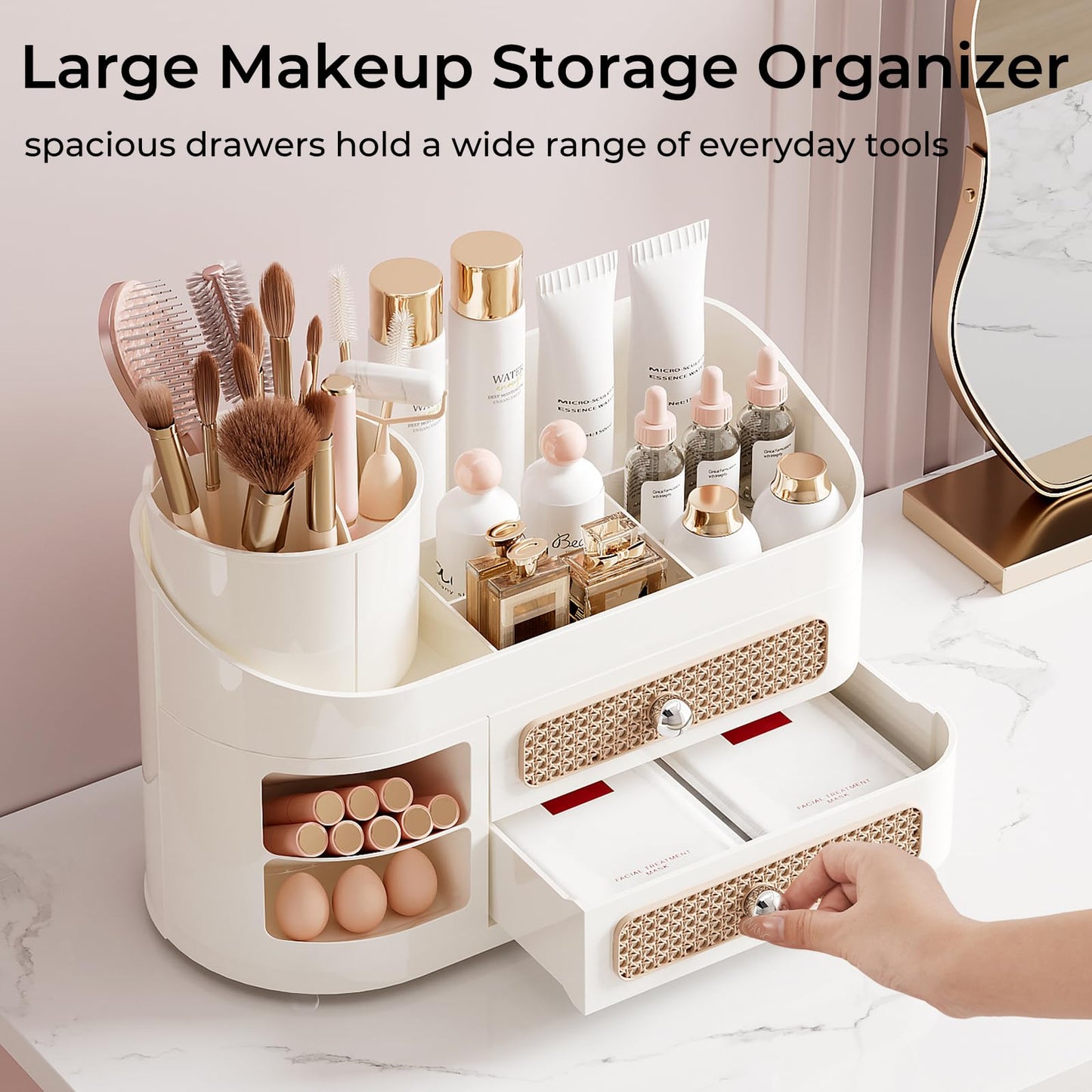 UFORU Makeup Organizer with Rotating Brush Holder, Bathroom Countertop Organizer with 2 Drawers, Easy to Store Hair Brush, Lipsticks, Perfumes, Skincare, Beige