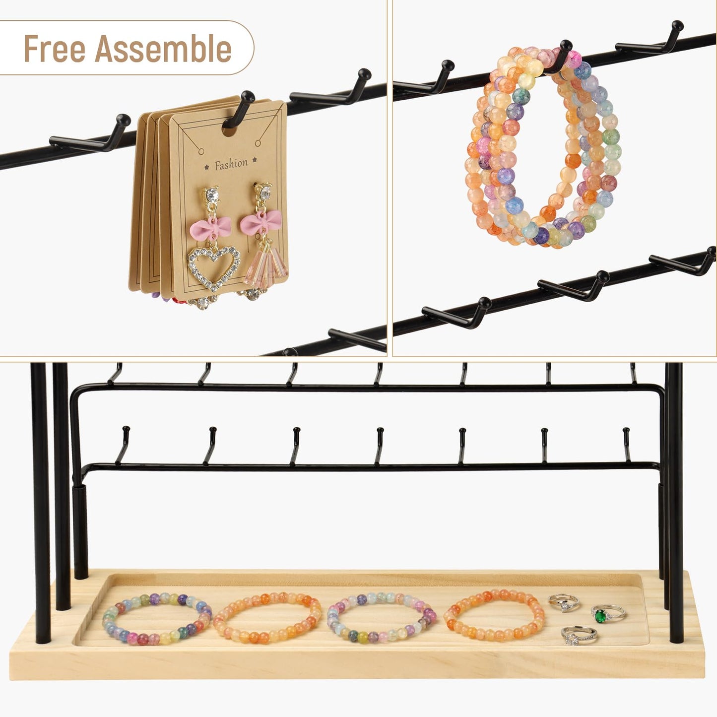 RNTBWD Earring Display for Vendors 6 Tier 42 Hooks Wood Earring Display Rack Holder for Earings Necklaces Rings Bracelets Keychains
