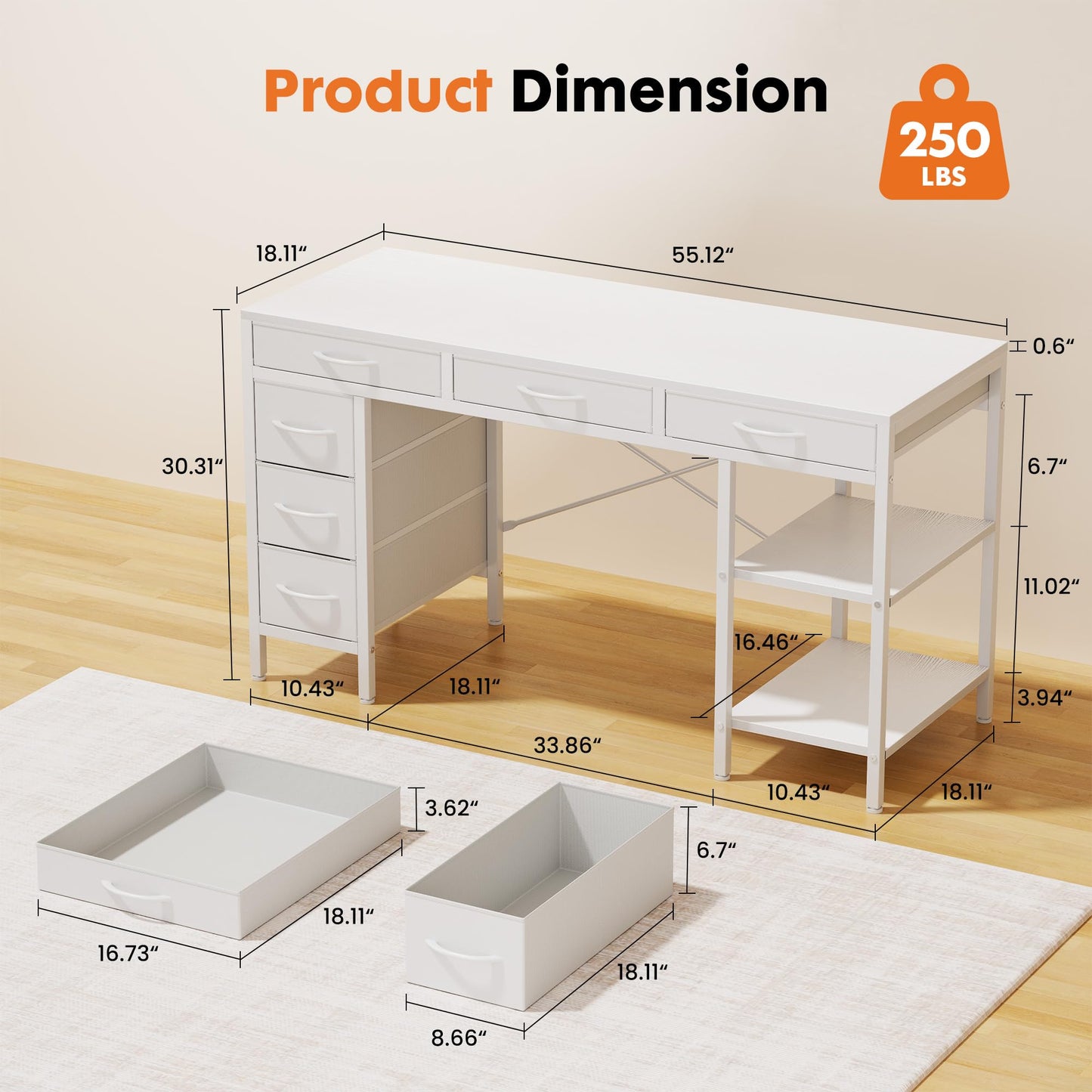 OLIXIS Computer Desk with 6 Drawers, 55 inch Office Workstation with Storage Shelves, Reversible Gaming Setup, Corner Table with Storage Drawers, Work for Home Office, Study, Living Room, White