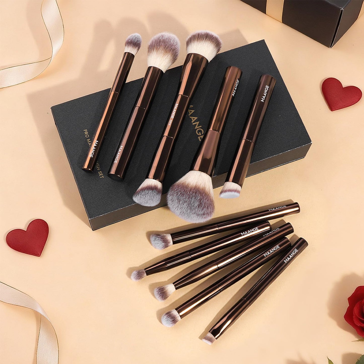 10 Pcs MAANGE Travel Makeup Brush Set with Magnetic case, Premium Synthetic Short Handle Brushes for Foundation, Powder, Concealer, Eye Shadows, Makeup Brush Tools Set(CoffeeBrown)