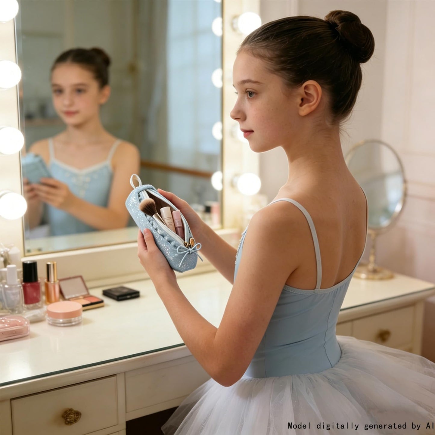 Newly Upgraded Ballet Makeup Bag, Shining Cosmetic Bag Blue Frozen Dance Recital Gifts, Ballet Shoe Cute Pencil Case Ballerina Gifts Small Makeup Slipper Pouch Mini Dance Bag for Dancer Birthday Gifts