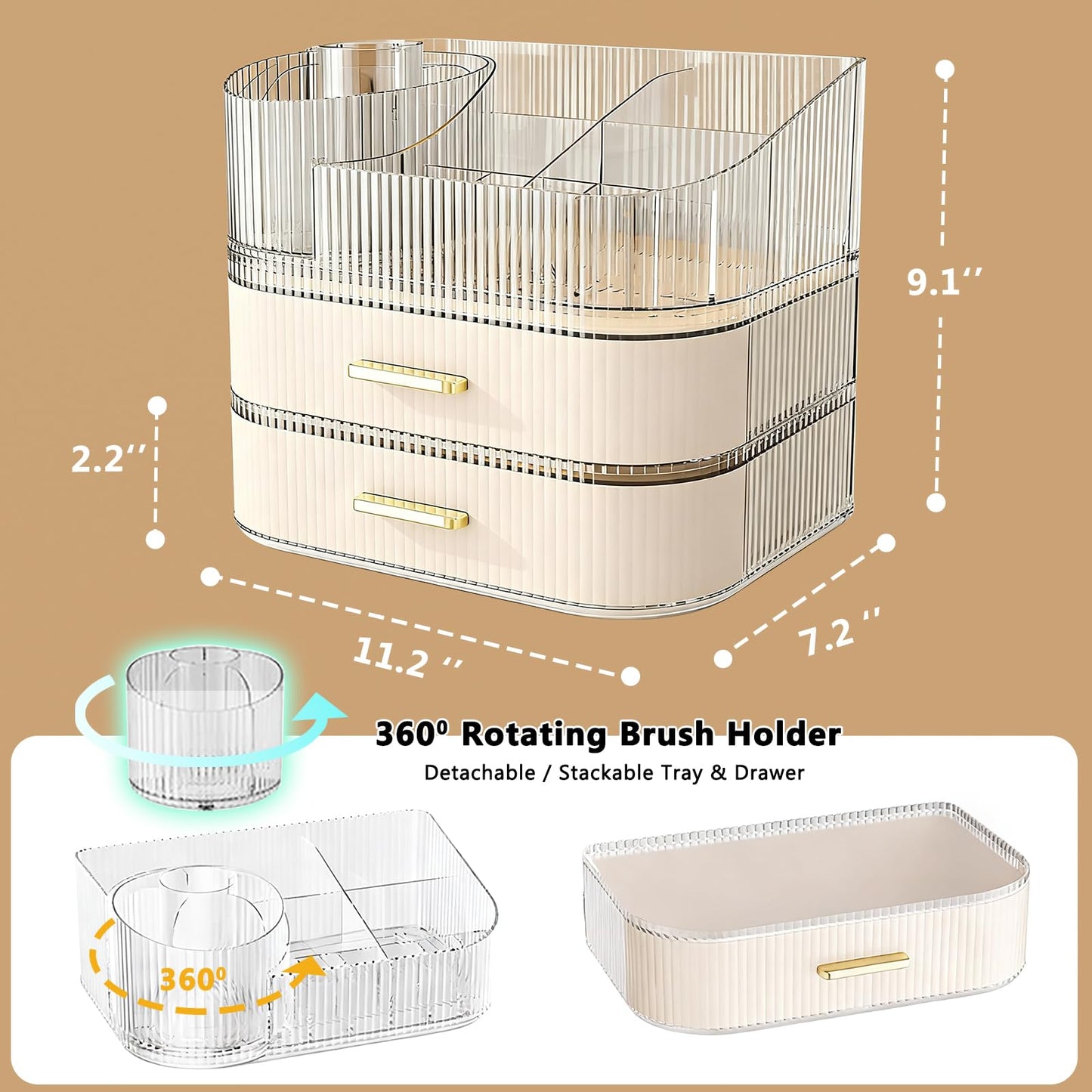 Makeup Organizer for Vanity with Stackable Drawers, 360 Rotating Makeup Brush Holder Large Cosmetic Display Case for Dresser, Bathroom Countertop Skincare Storage, Ideal Gift for Girls (3-layer)