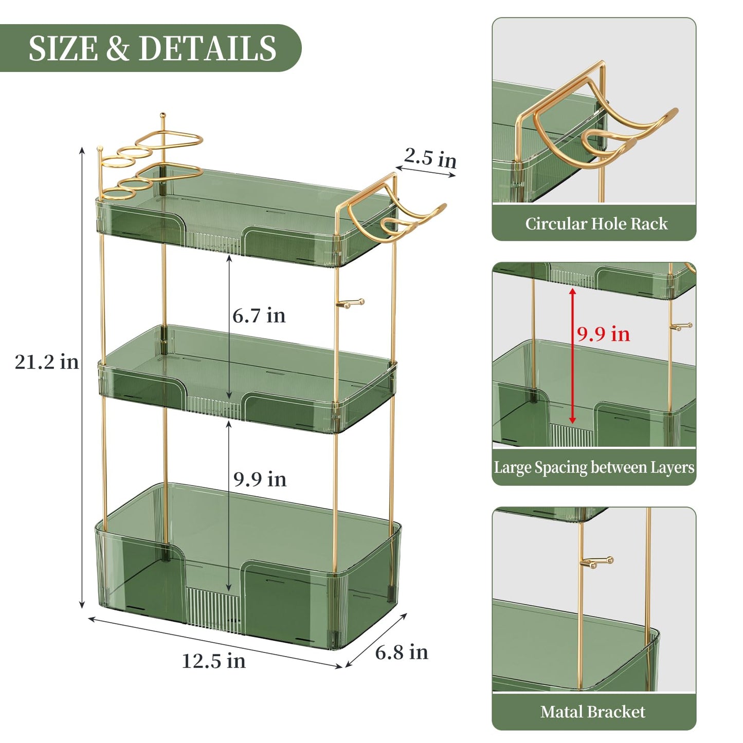 Weidace Bathroom Counter Organizer for Vanity, Makeup Organizer Countertop with Holder, Large Capacity Storage Rack, Perfect Large Skincare, Hair Care, Perfume, Easy to Install (Green, 3Tiers)