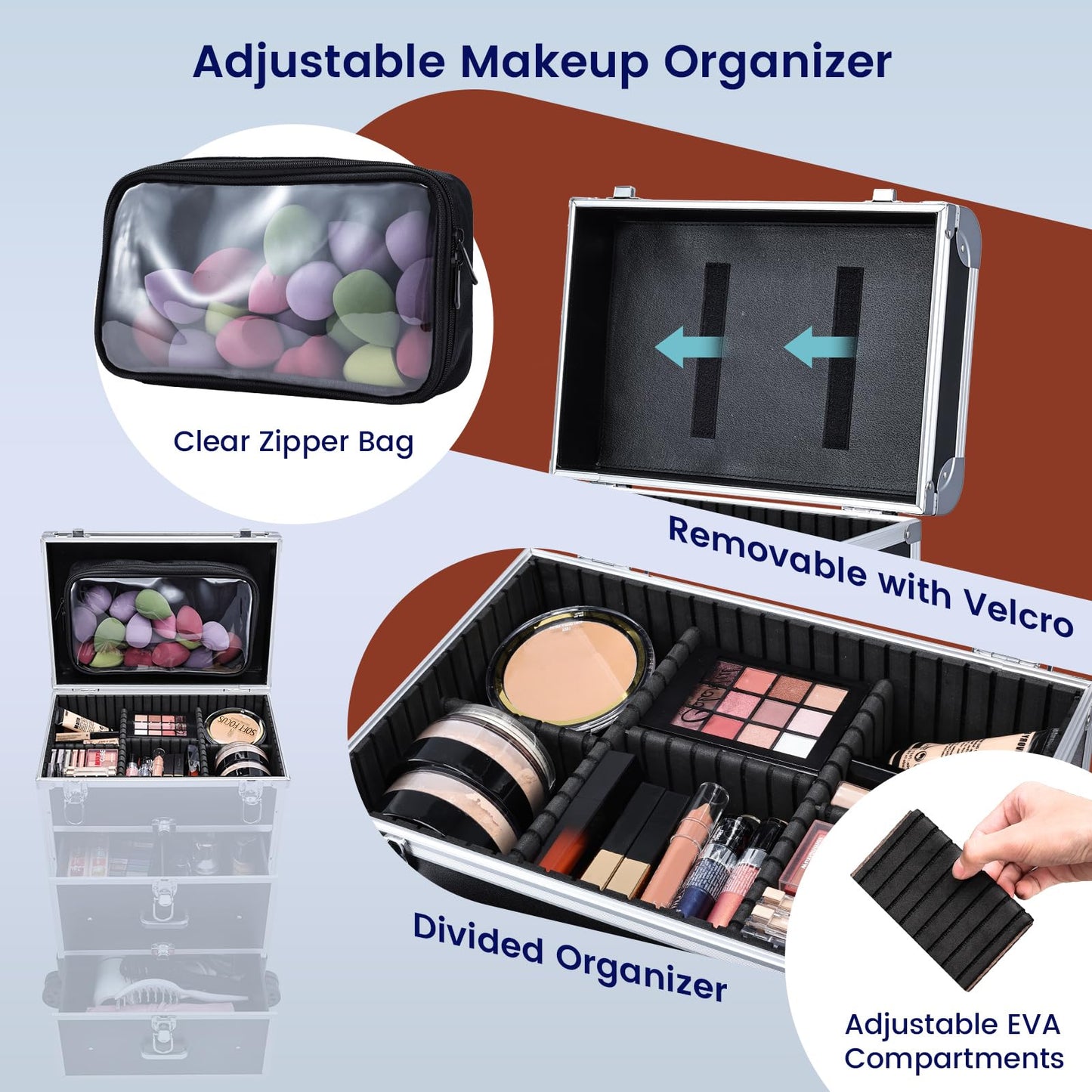 Adazzo Professional Rolling Makeup Train Case with Drawers, Large Cosmetic Trolley with Locks, Cosmetics Storage Organizer Make up Case for Travel Makeup/Nail Art/Hair Styling, Matte Black