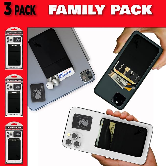 Gecko Travel Tech Double Pocket - Adhesive Card Holder - Cell Phone Pouch - Stick on Spandex Pocket - Carry Credit Cards and Cash (3 PACK - BLACK BLACK)