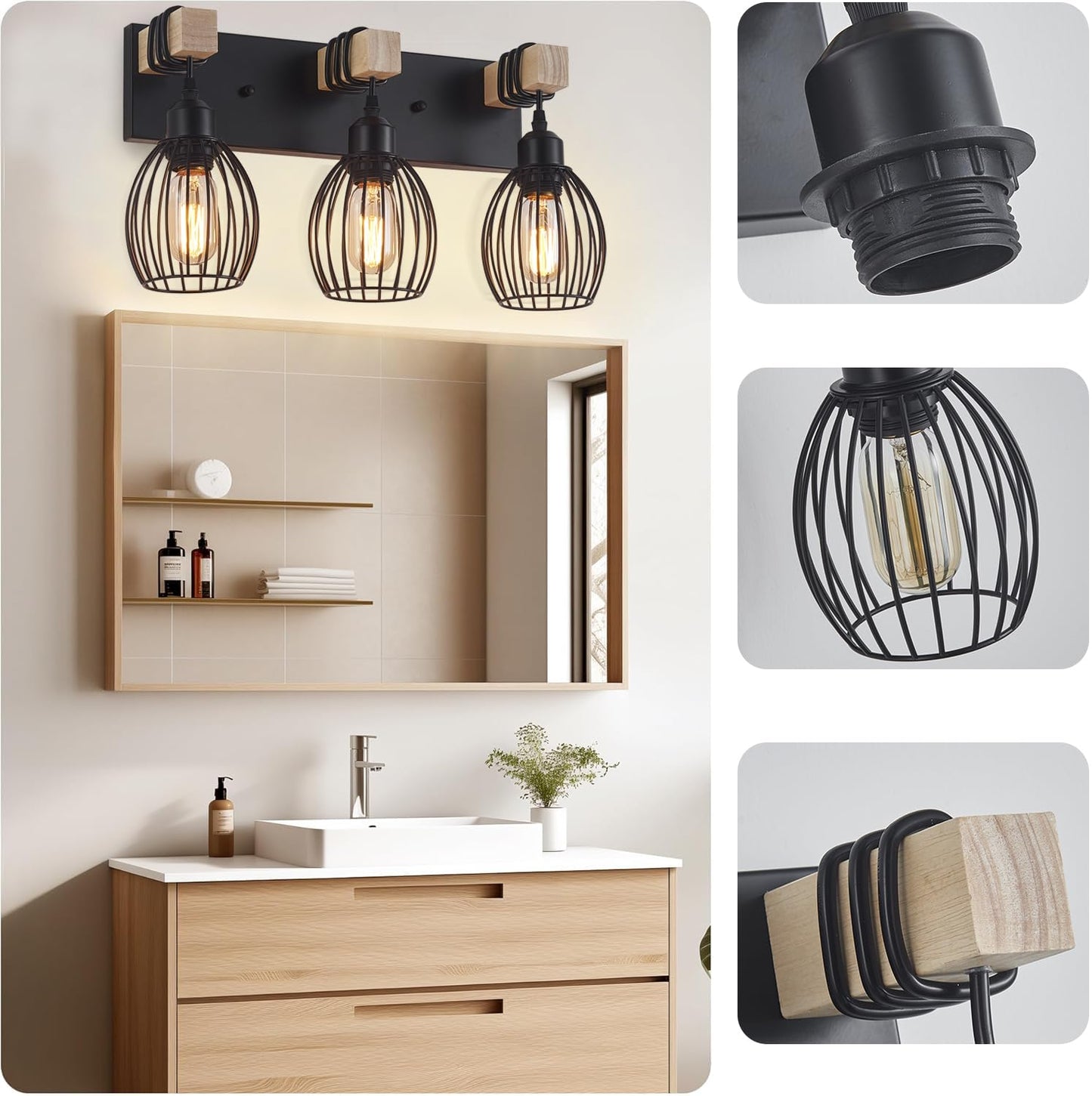 A1A9 Farmhouse Bathroom Vanity Light, 3-Light Rustic Wood Bathroom Lighting Fixtures Over Mirror, Industrial Black Vanity Lights with Elegant Teardrop Lampshade for Bedroom Living Room Hallway