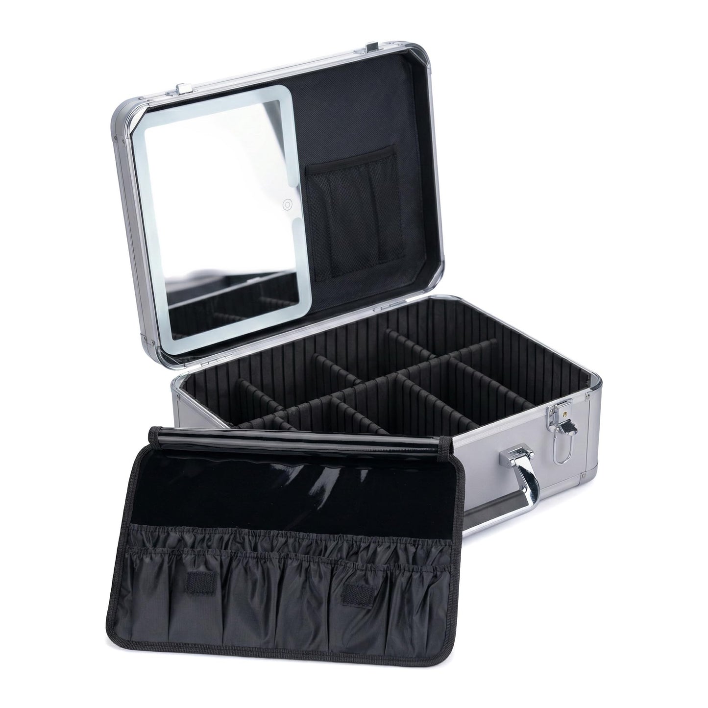 CHENGLIN Extra Large 15 inches Makeup Case with Lighted Mirror – Cosmetic Organizer with Adjustable Dividers, Magnetic LED Mirror, Portable Makeup Suitcase for Women (Silver)