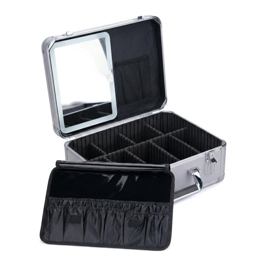 CHENGLIN Extra Large 15 inches Makeup Case with Lighted Mirror – Cosmetic Organizer with Adjustable Dividers, Magnetic LED Mirror, Portable Makeup Suitcase for Women (Silver)