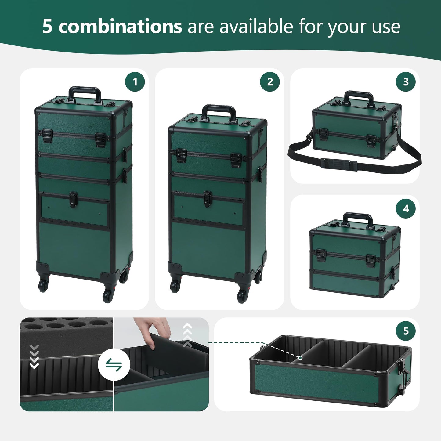 Somduy Rolling Makeup Case with Drawer, Makeup Train Case, 4 in 1Cosmetology Case on Wheels, Christmas Gift, Large Makeup Case Organizers, Profesional Cosmetic Case for Salon Barber, Green