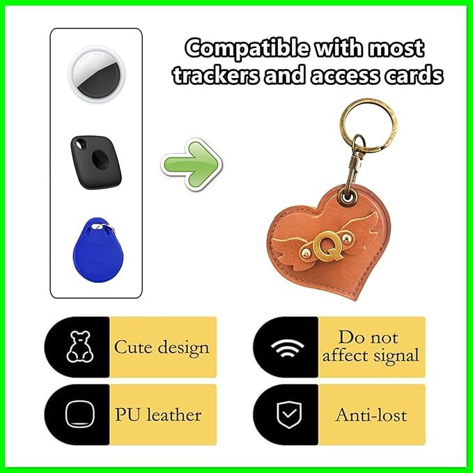 Initial Letter Leather Alphabet Keychain Holder Case Compatible with AirTag,Cute Protective Air Tag Cover with Bronze Keyring,Anti-Scratch Finder GPS Tracker Case for Pets Keys Wallet Luggage(Q)