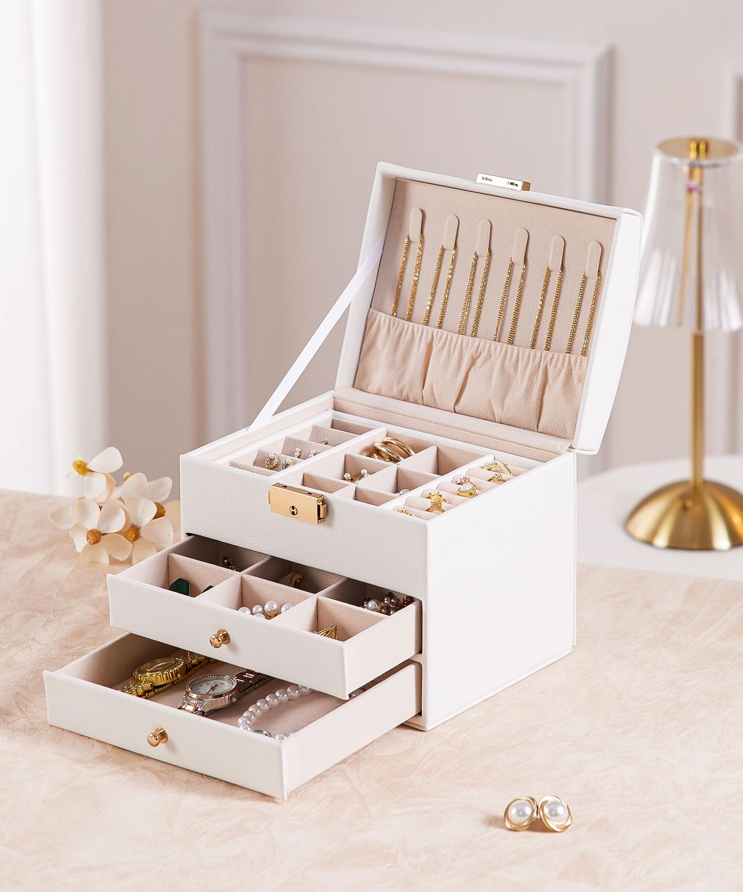 Homde Small Girls Jewelry Box, Cloud White, 3 Layer with Lock