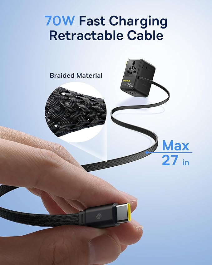 Baseus USB C Cable 100W 70W Universal Travel Adapter with Retractable Cable