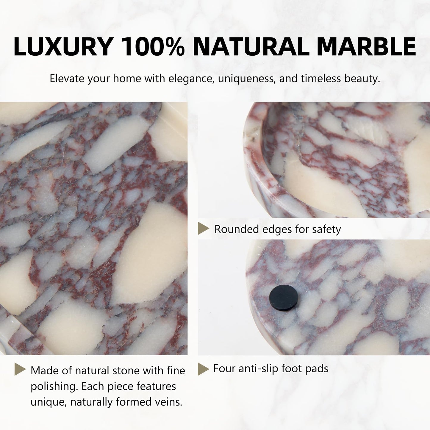 Luxury Natural Oval Marble Tray – 9.8 x 4.9-Inch Calacatta Viola Stone Vanity Tray, Small Catchall Organizer for Jewelry Perfume Keys, Decorative Trinket Tray for Bathroom Coffee Table & Dresser