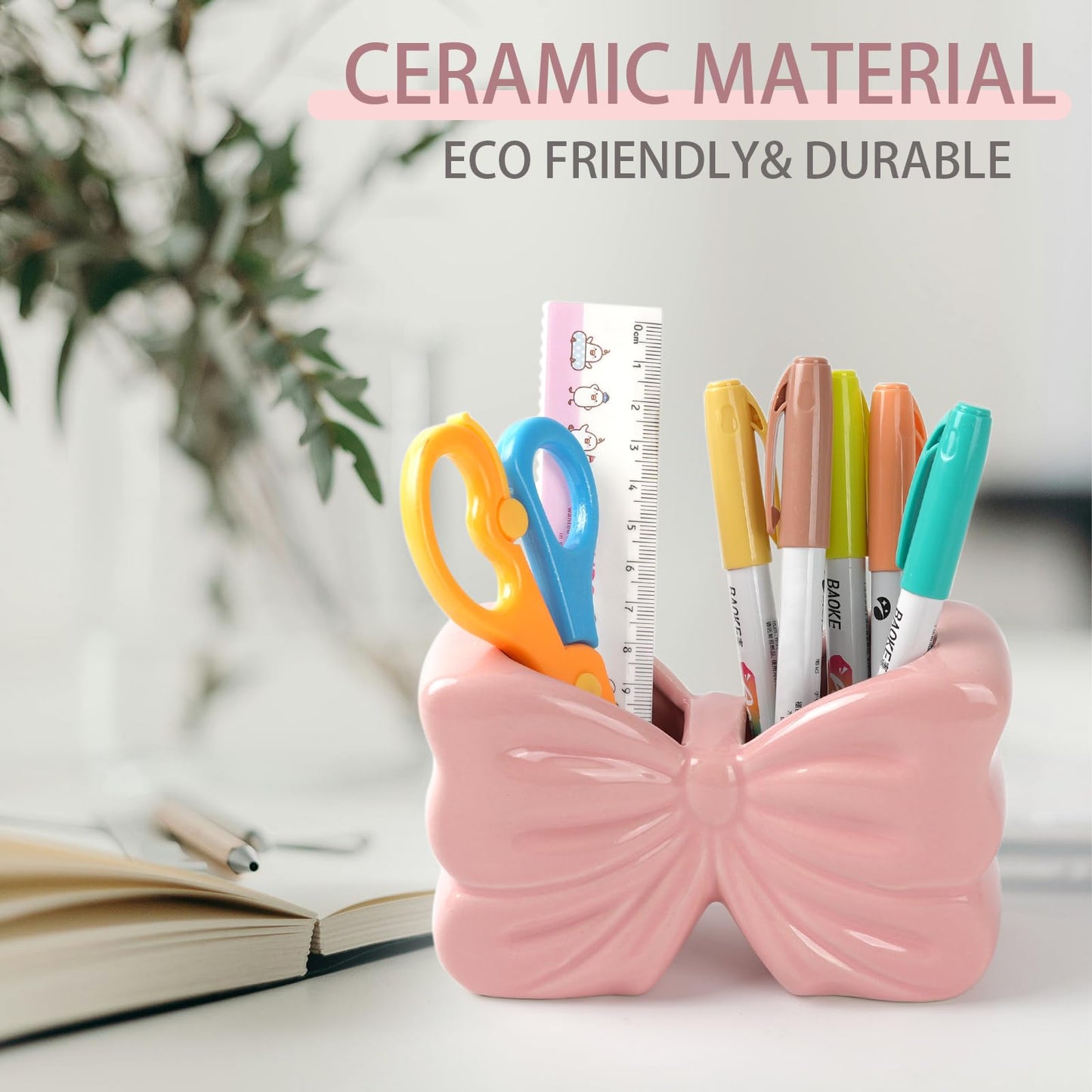 Zaposcca Bow Pencil Holder, Ceramic Pen Holder, Cute Pen Holder for Desk,Stand Makeup Brush Holder, for School, Home, Office Desk Decor(Pink)