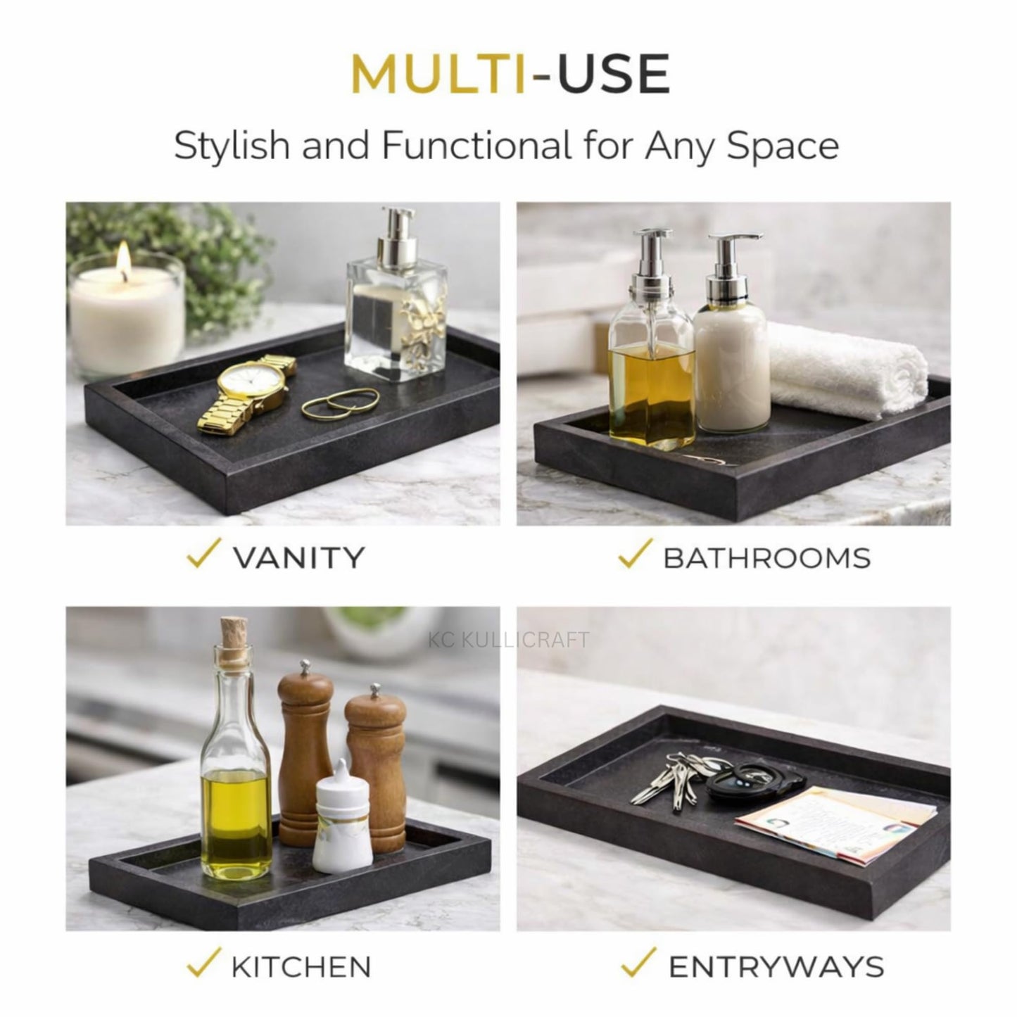 KC KULLICRAFT Natural Marble Tray for Bathroom Black Finish | Kitchen | Vanity | Desktop, Stone Organizer for Coffee Table, Dresser, Nightstand, Soap, Towel, Plant, Jewelry (12" x 8"), Rectangular