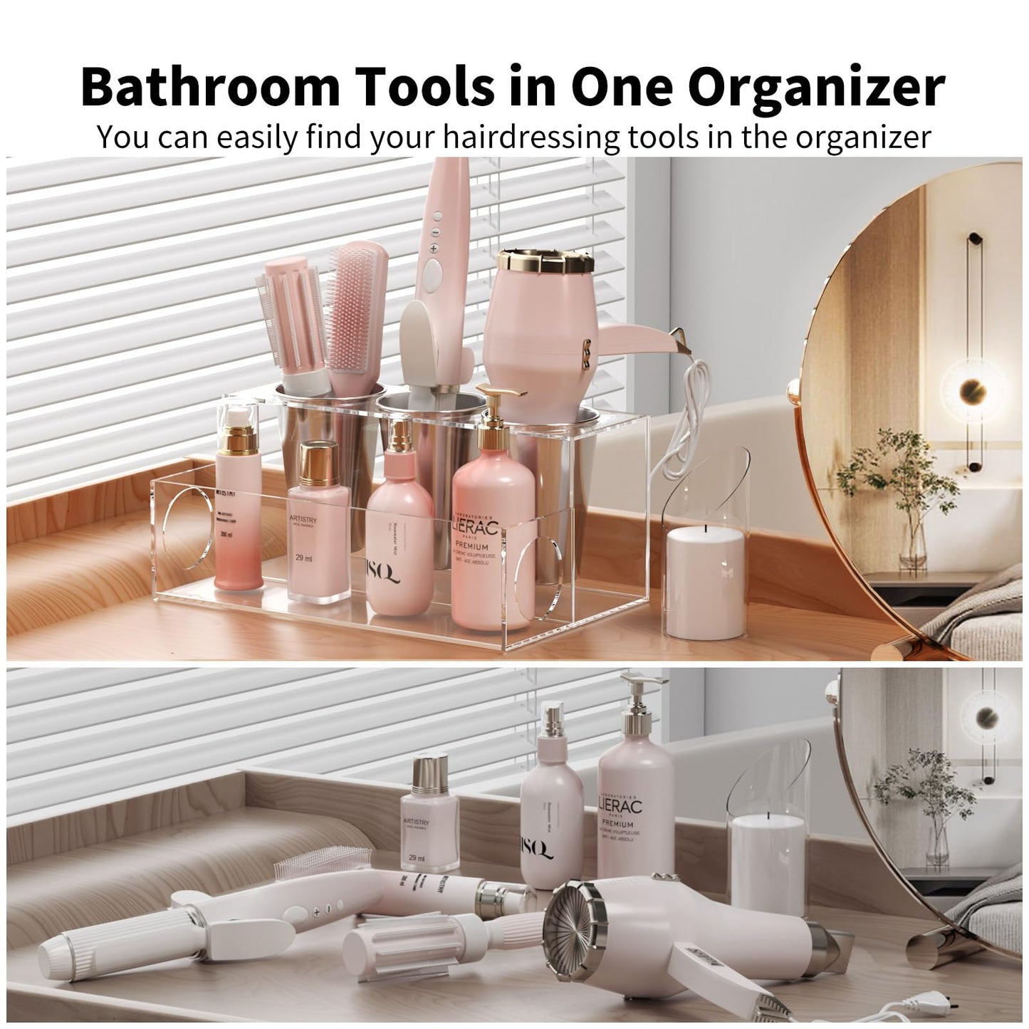 NIUBEE Hair Tool Organizer, Clear Acrylic Hair Dryer and Styling Organizer, Bathroom Countertop Blow Dryer Holder, Vanity Caddy Storage Stand for Accessories, Makeup, Toiletries