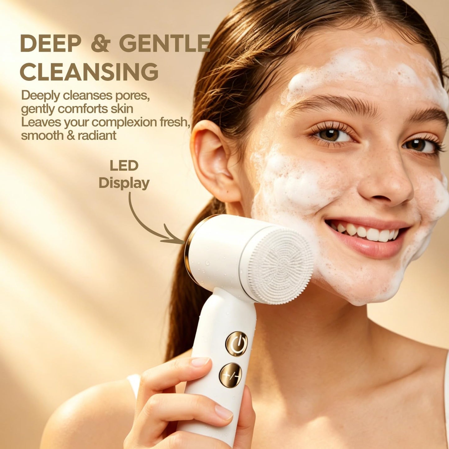 Jellystar Facial Ceansing Brush with Led Display - 6-in-1 Exfoliating Kit, 3 Speeds, IPX6 Waterproof Electric Face Wash Brush for Deep Cleaning, Massage & Gentle Exfoliation-Milk White