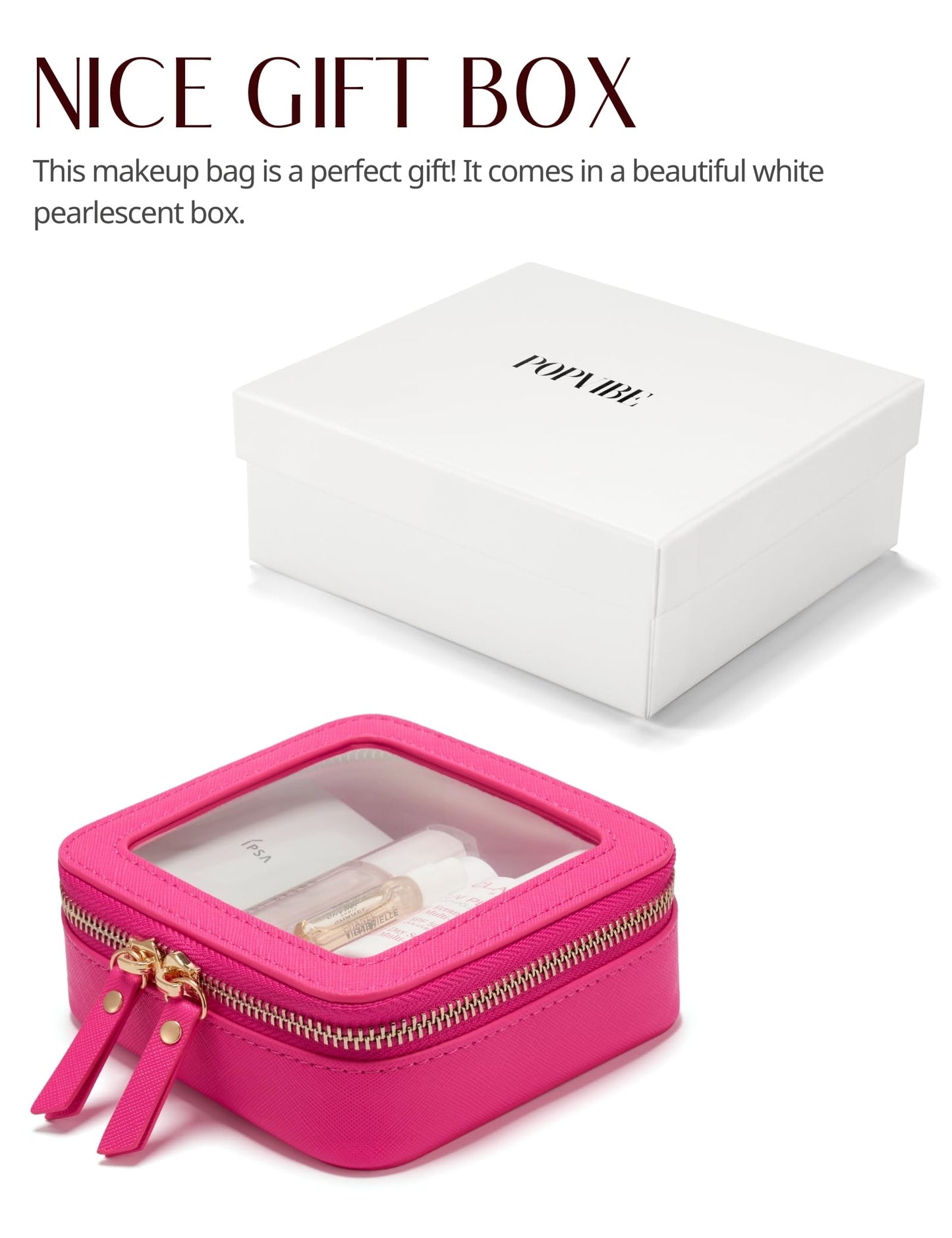 Popvibe Mini Makeup Bag Clear Small Travel Cosmetic Case Leather Cute Hot Pink Pouch for Purse Organizer Make Up Bag for Women Car Toiletry Bag with Zipper for School