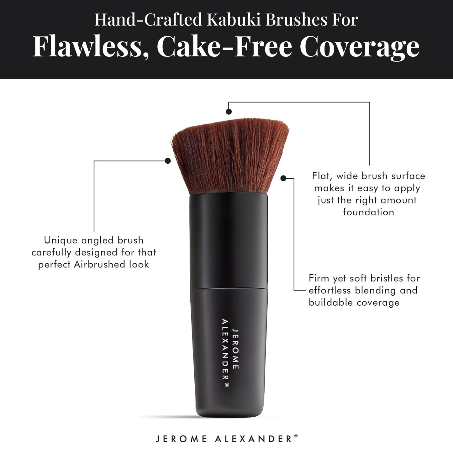Jerome Alexander Angled Kabuki Foundation Brush (Black) - Flat Top Buffer Brush for Seamless Blending of Liquid, Cream & Powder Makeup - Buildable Coverage Without Caking - Pro Vegan Bristles