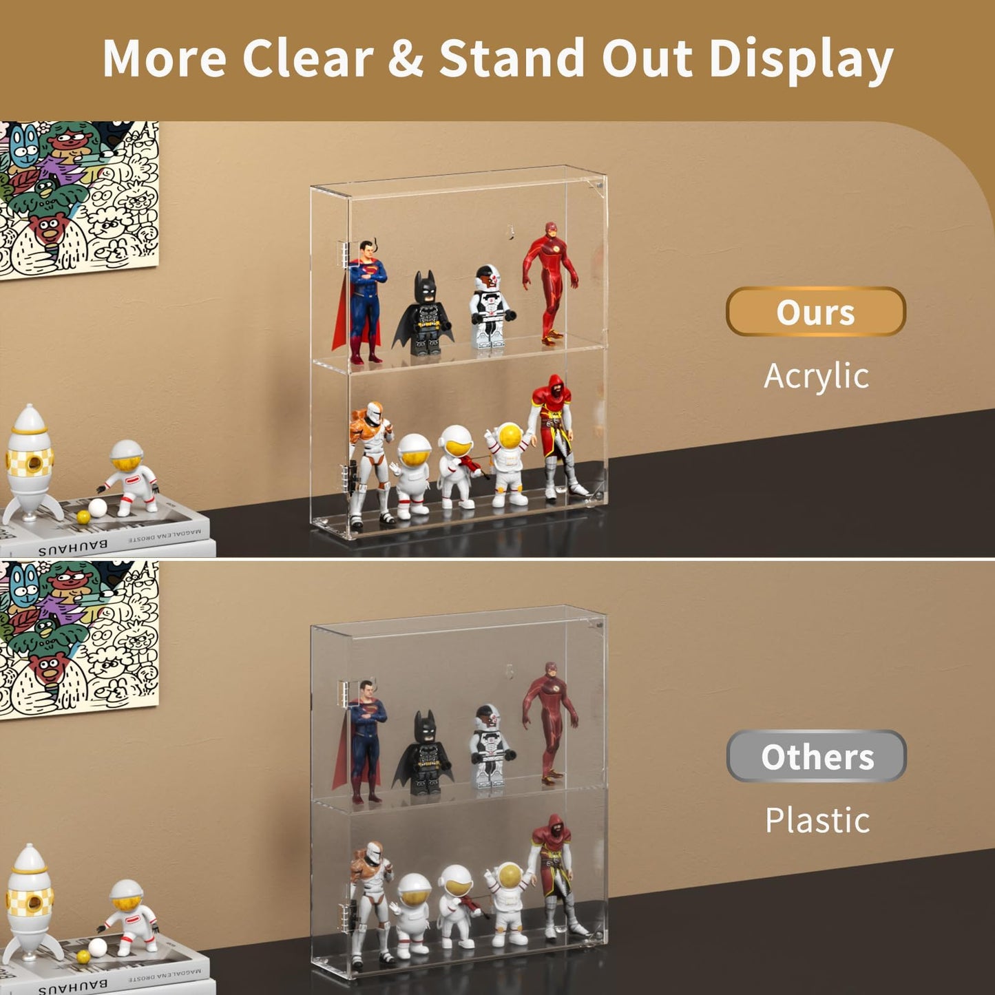 NIUBEE Acrylic Display Case, Clear Display Case for Funko Pop Figures, Wall Mounted or Desktop Dustproof Display Cabinet Box for Collectibles,Rock,Crystals,Mini Toys,Amiibo (2 Tiers
