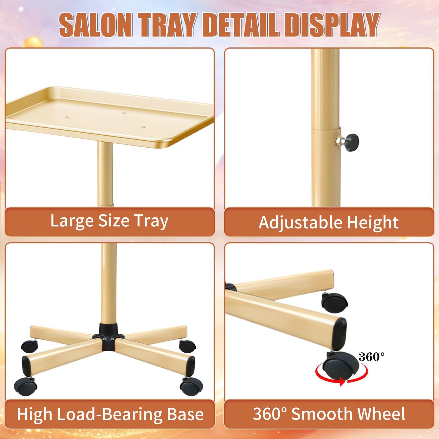 Salon Tray on Wheels, Champagne Gold Salon Rolling Tray with Adjustable Height, Metal Service Instrument Storage Tray for Salon&Home Use
