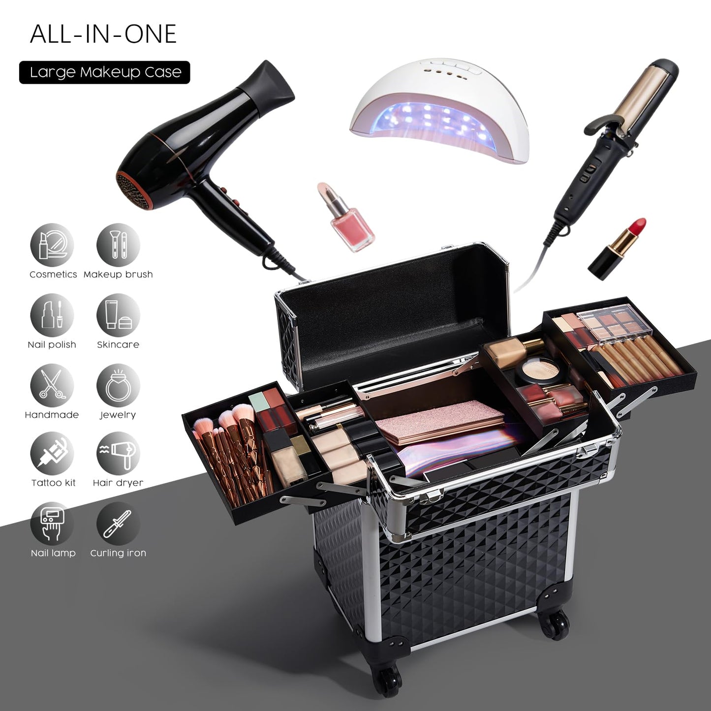 Mecucasi Rolling Makeup Train Case Large Cosmetic Trolley Organized Aluminum Barber Case for Hairstylist Makeup Nail Tech Salon with Keys Swivel Wheels Traveling Cart Trunk - Black
