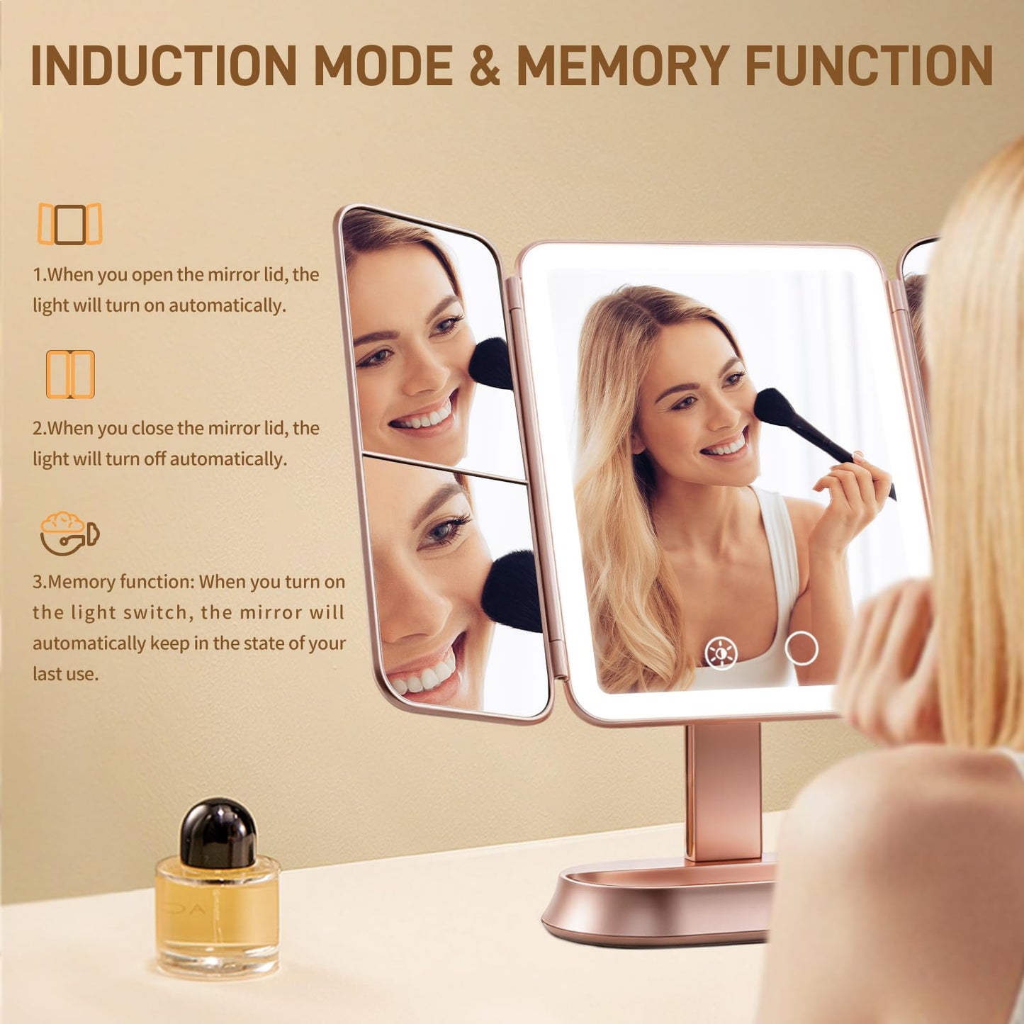 FRANO Lighted Makeup Mirror with 1X/3X/5X Magnification, Elegant Rose Gold Trifold Vanity Mirror, Smart Touch & Sensor, 3 Lighting Modes, Rechargeable Portable Mirror for Gift - Rose Gold