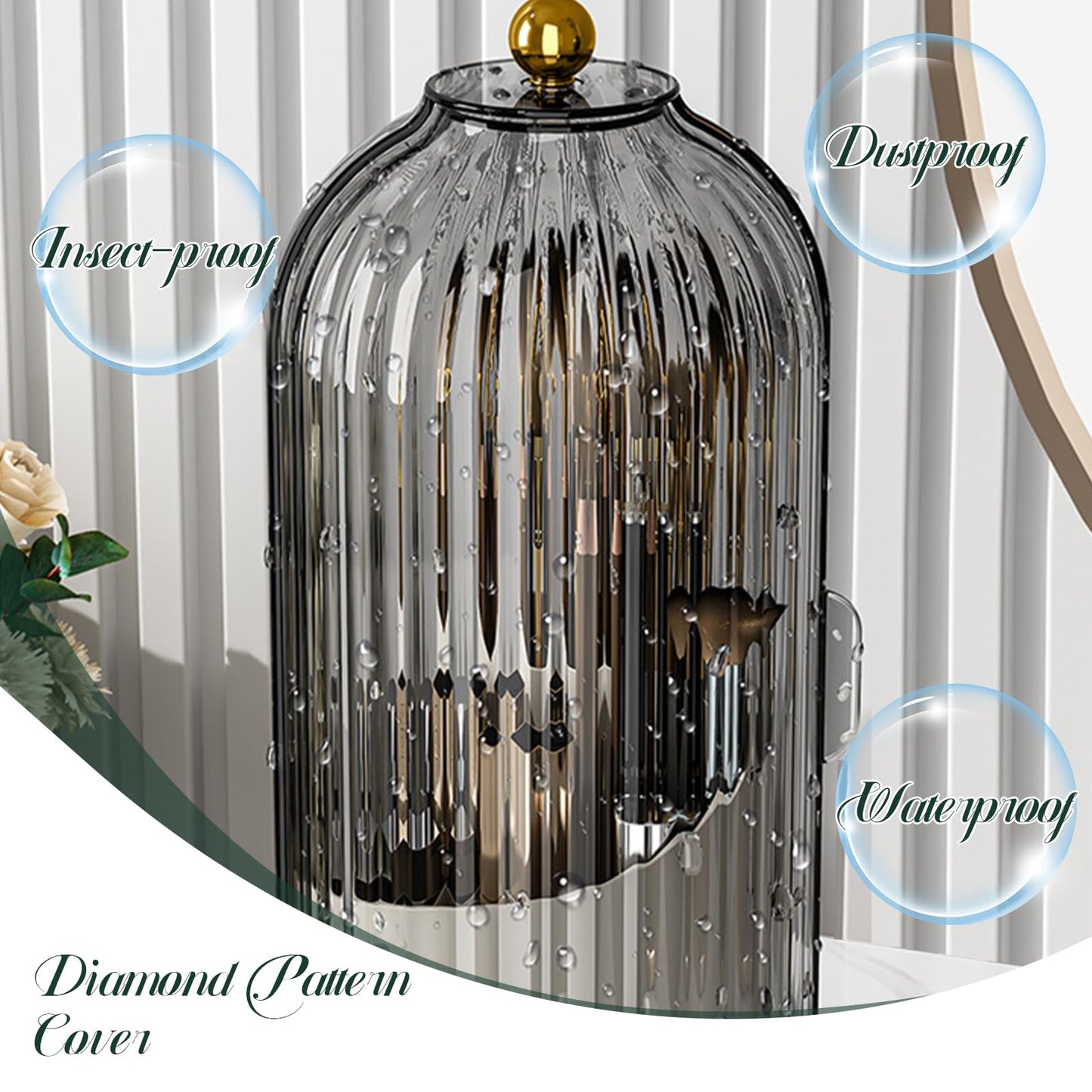 Birdcage Shape Makeup Brush Holder with Vertical Striped Cover, 360° Rotating Dust-Proof Organizer, Large Capacity Cosmetic & Toothbrush Storage for Vanity, Bathroom Countertop (Transparent Green)