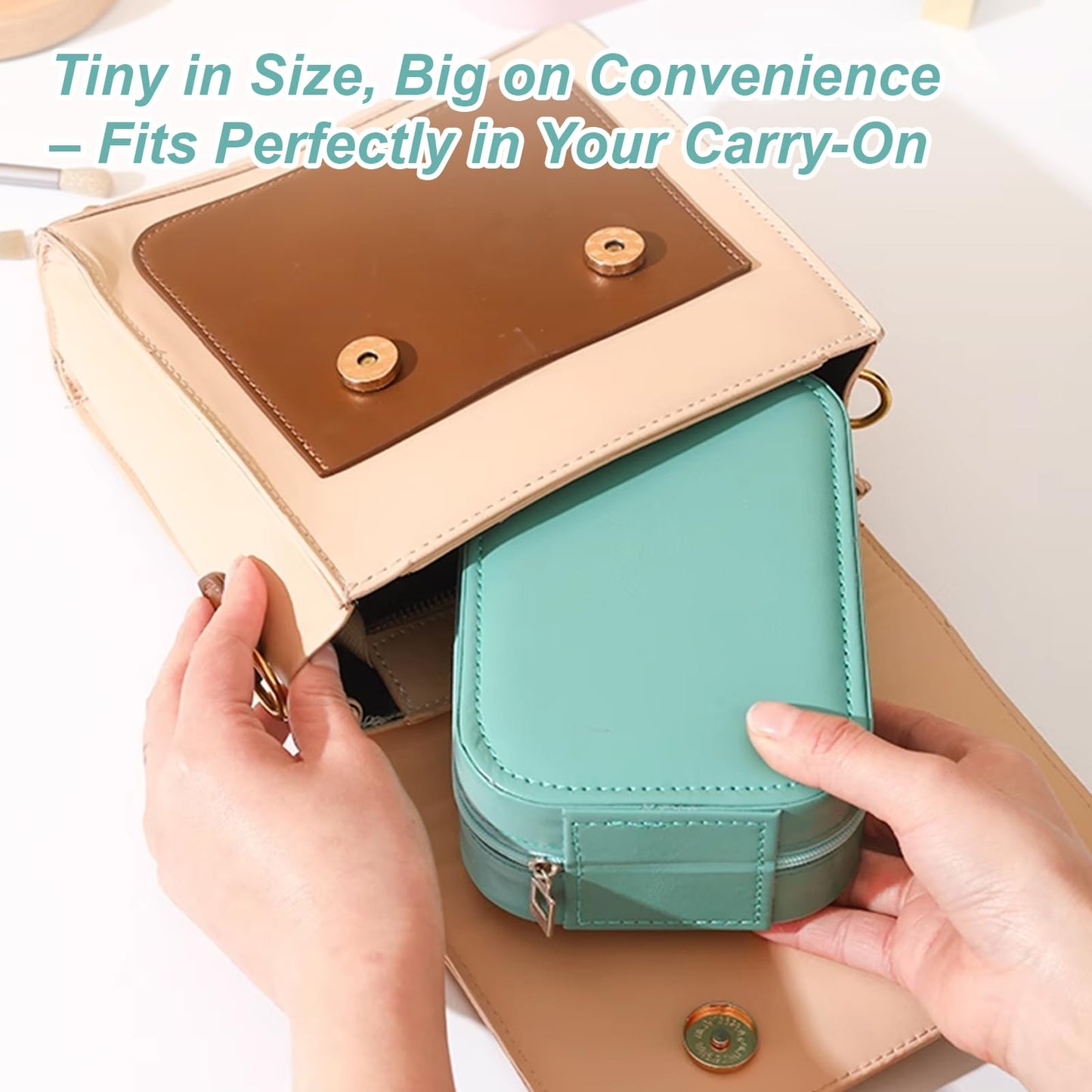 voioe Small Travel LED Makeup Mirror Case with 3 Adjustable Color Light Settings, Dust-Proof Jewelry Box, Mini Cosmetic Train Case Ideal for Short Trips (Green)