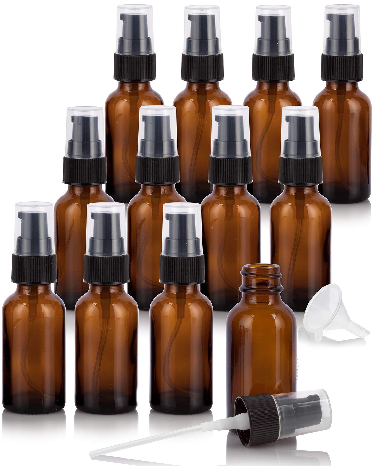 JUVITUS 1 oz / 30 ml Amber Glass Boston Round Bottle with Black Treatment Pump (12 pack) + Funnel Refillable Empty Storage Containers